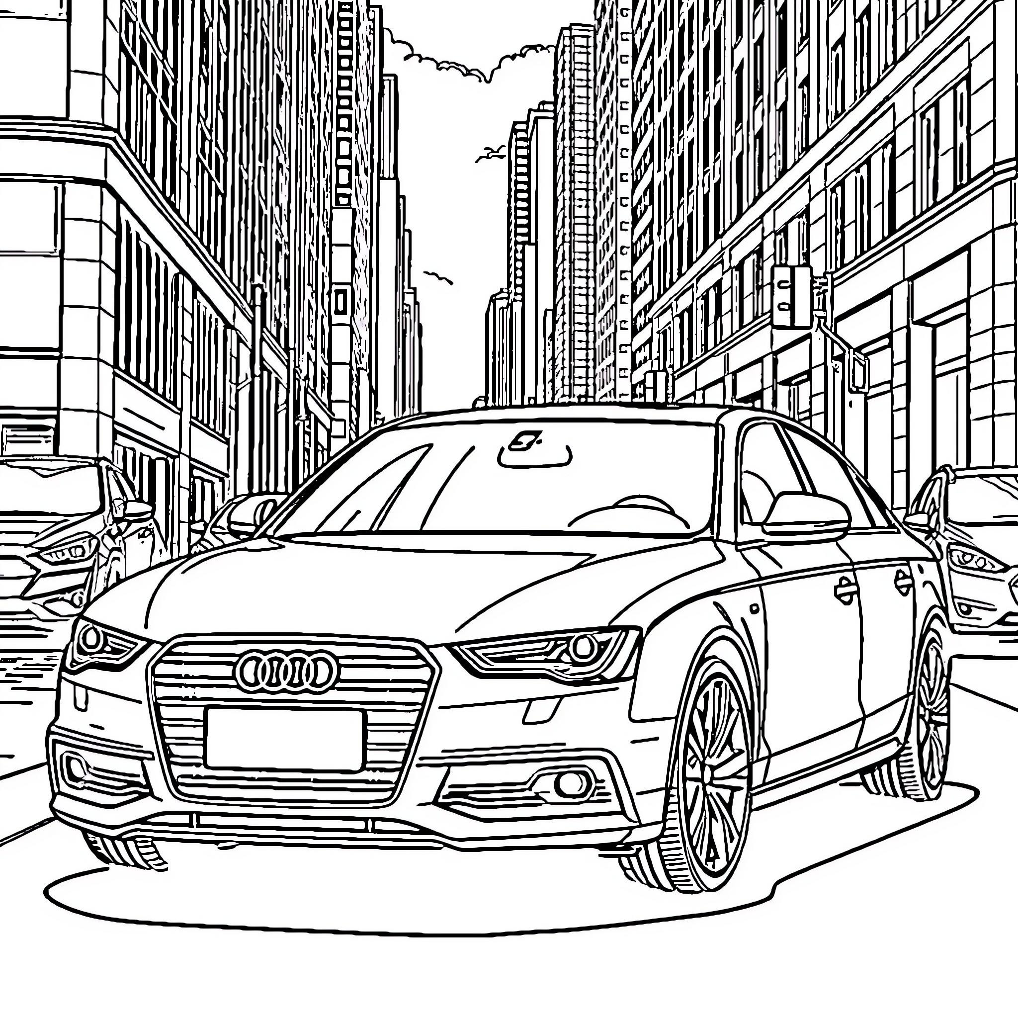 Audi A4 on the city street Coloring Page (free black-and-white line drawing printable PDF for all, from beginners to advanced learners, including children, teens, adults, and seniors)
