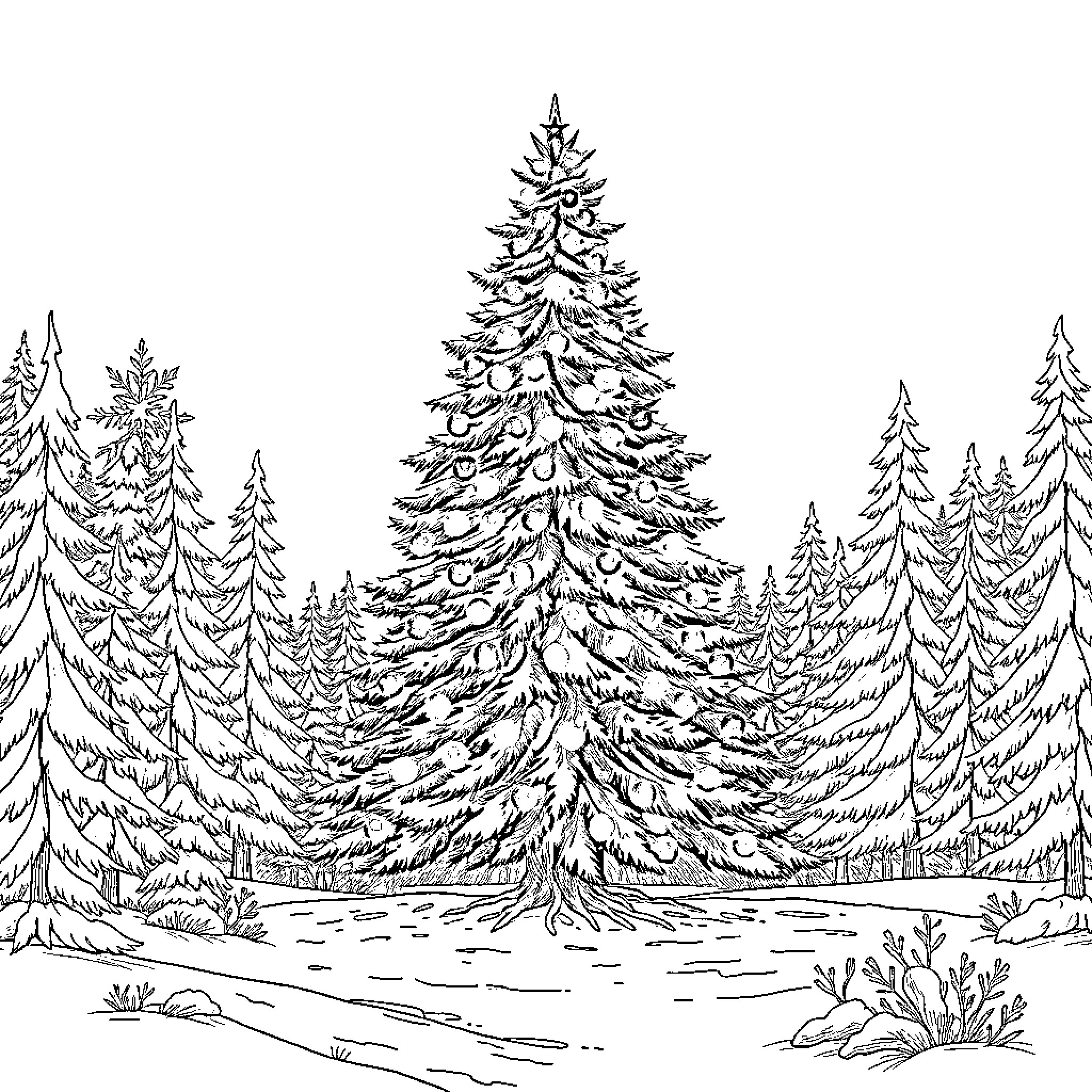 Christmas Tree in Snowy Forest Landscape Coloring Page (free black-and-white line drawing printable PDF for all, from beginners to advanced learners, including children, teens, adults, and seniors)