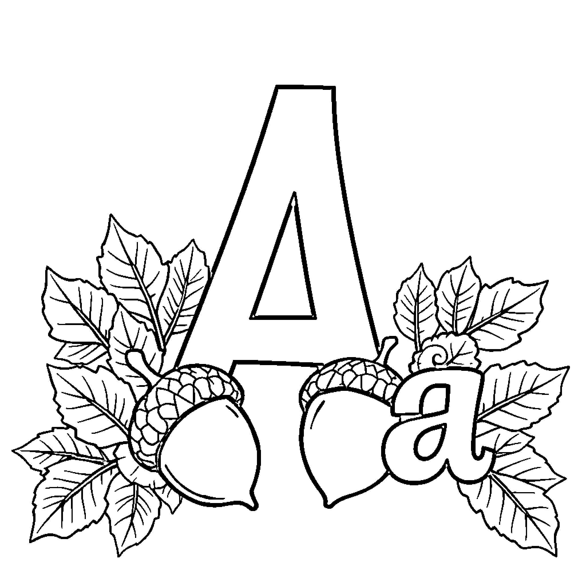Letter A with leaves and acorns Coloring Page (free black-and-white line drawing printable PDF for all, from beginners to advanced learners, including children, teens, adults, and seniors)