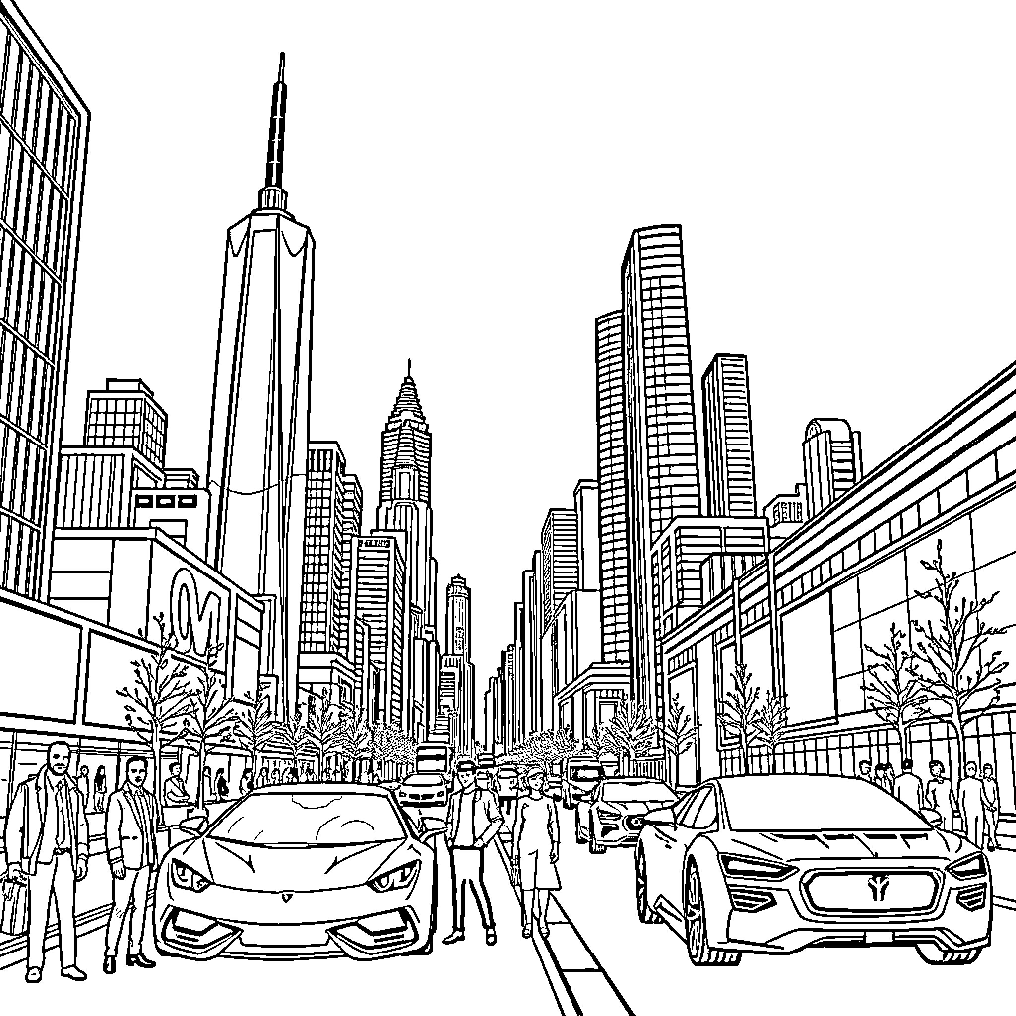 Futurama in the bustling city streets Coloring Page (free black-and-white line drawing printable PDF for all, from beginners to advanced learners, including children, teens, adults, and seniors)