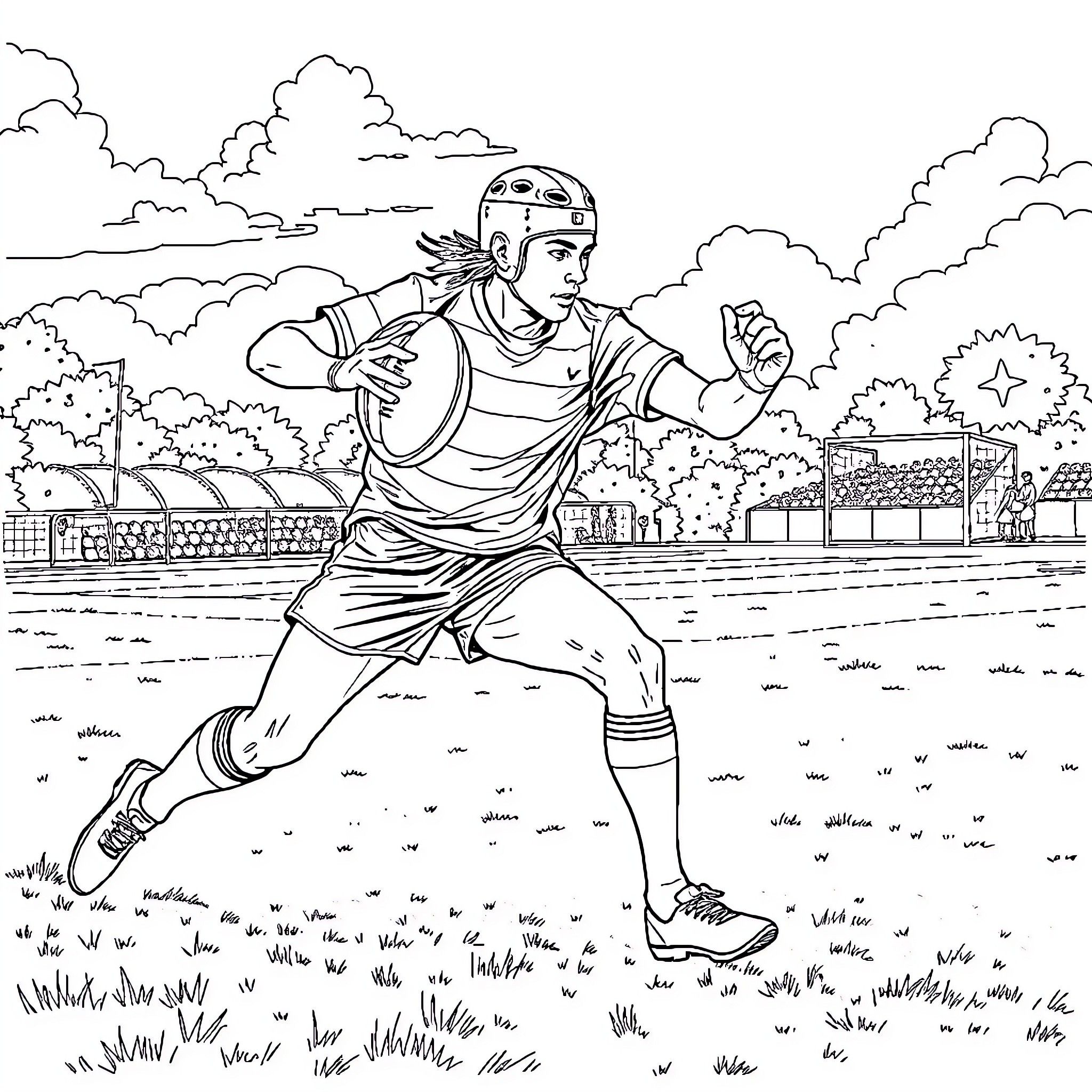 Rugby Player in Action on the Field Coloring Page (free black-and-white line drawing printable PDF for all, from beginners to advanced learners, including children, teens, adults, and seniors)