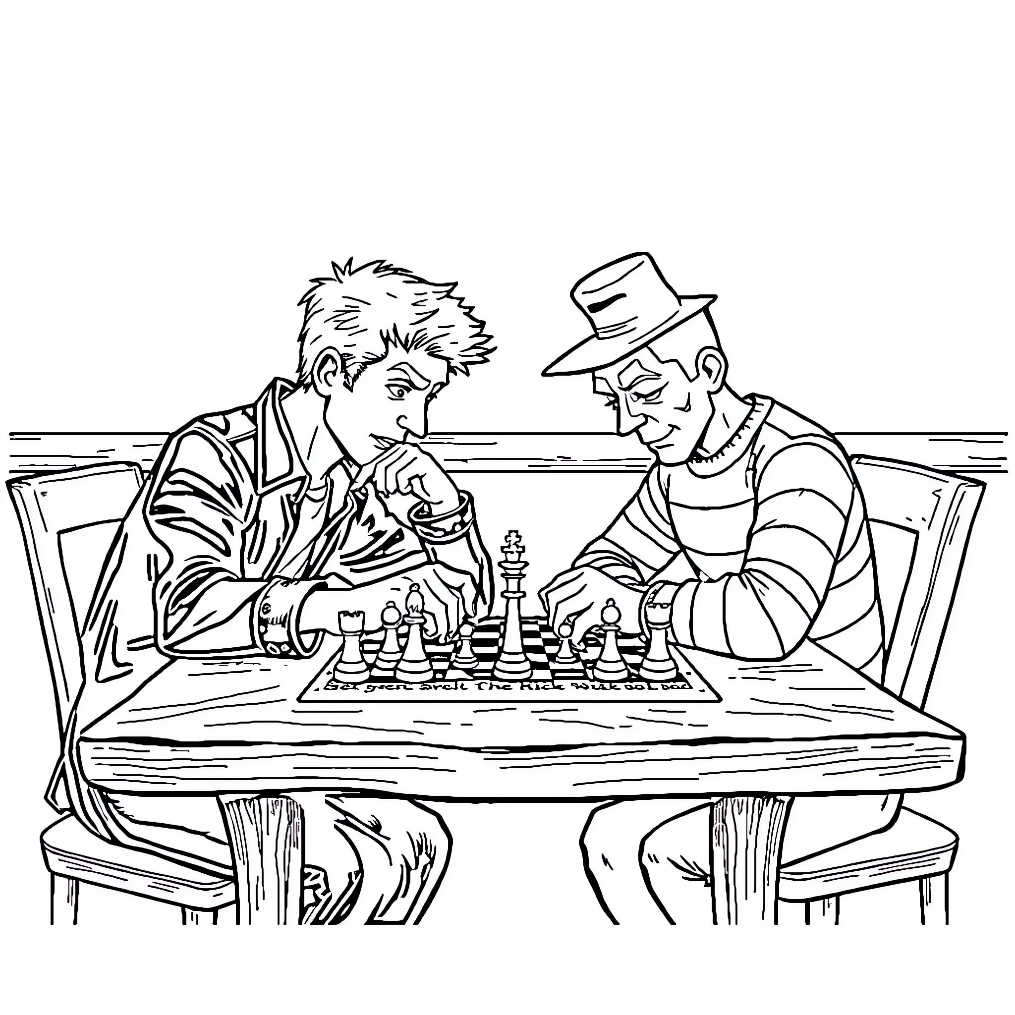 Jason playing chess with a gentleman Coloring Page (free black-and-white line drawing printable PDF for all, from beginners to advanced learners, including children, teens, adults, and seniors)