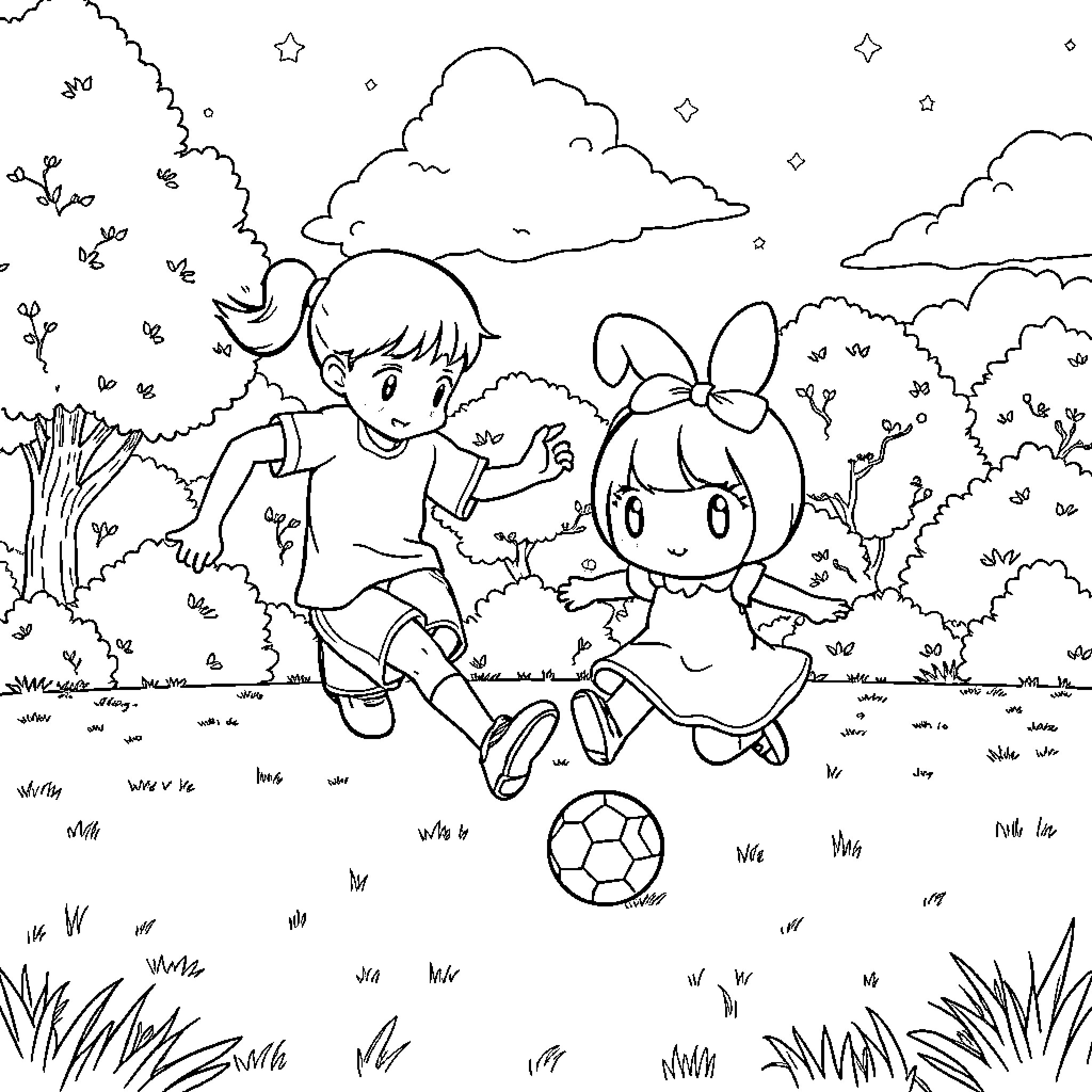 Kuromi and friends playing happily in the park Coloring Page (free black-and-white line drawing printable PDF for all, from beginners to advanced learners, including children, teens, adults, and seniors)