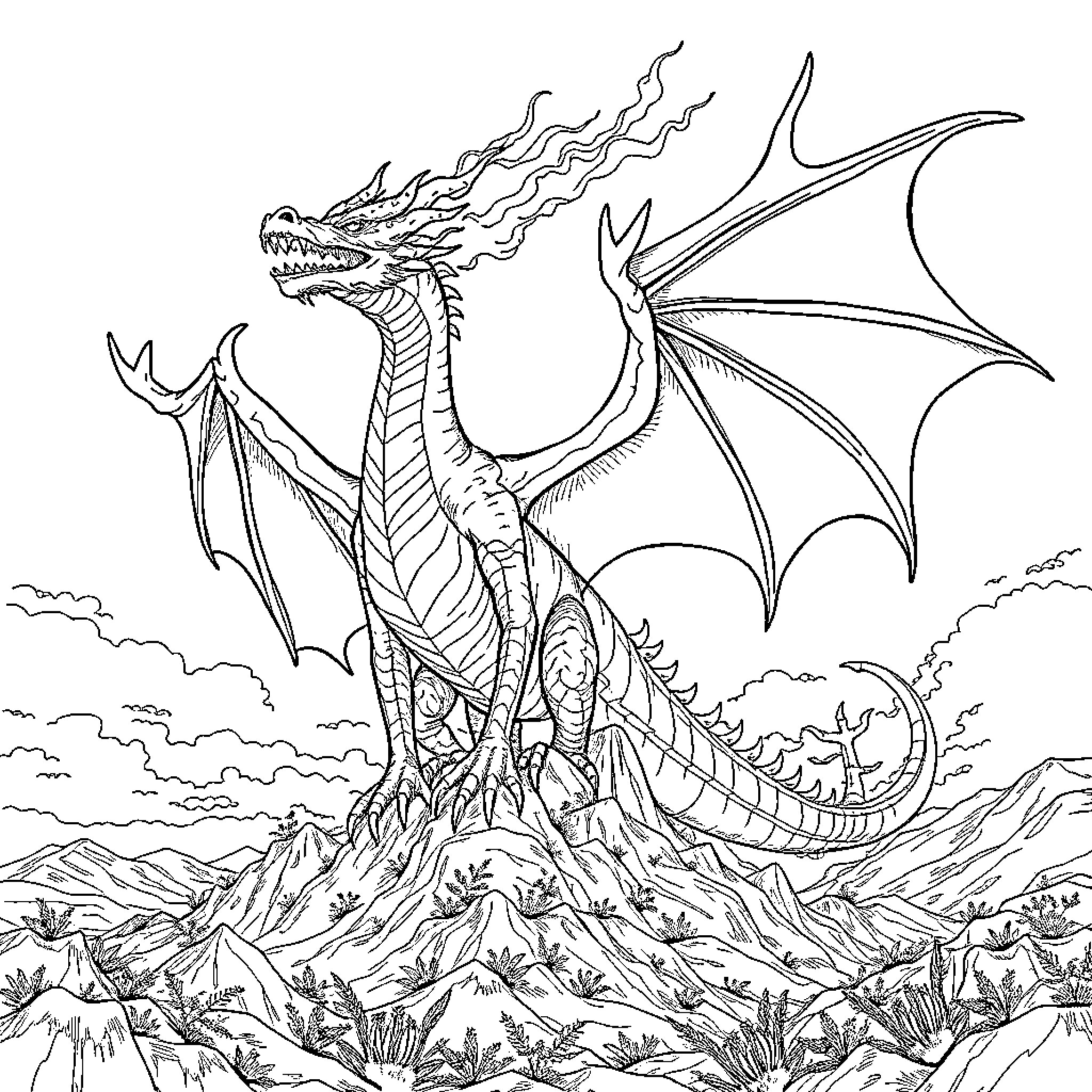 Dracaufeu breathing fire on a mountain landscape Coloring Page (free black-and-white line drawing printable PDF for all, from beginners to advanced learners, including children, teens, adults, and seniors)