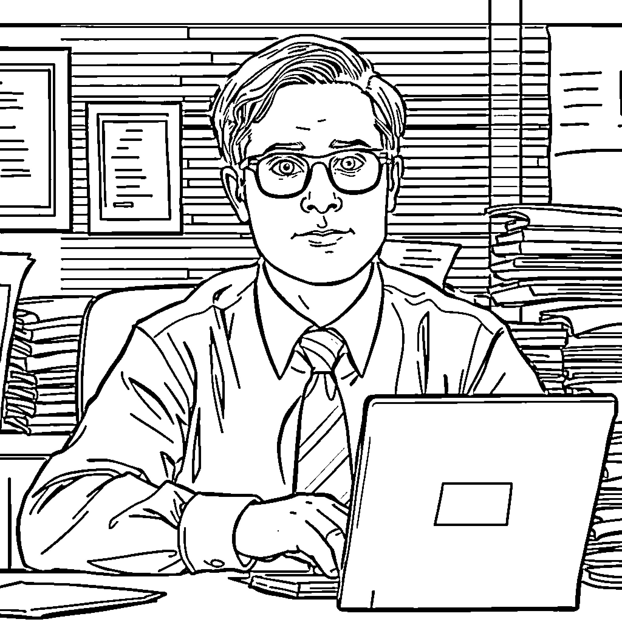 Dwight working diligently at his desk Coloring Page (free black-and-white line drawing printable PDF for all, from beginners to advanced learners, including children, teens, adults, and seniors)