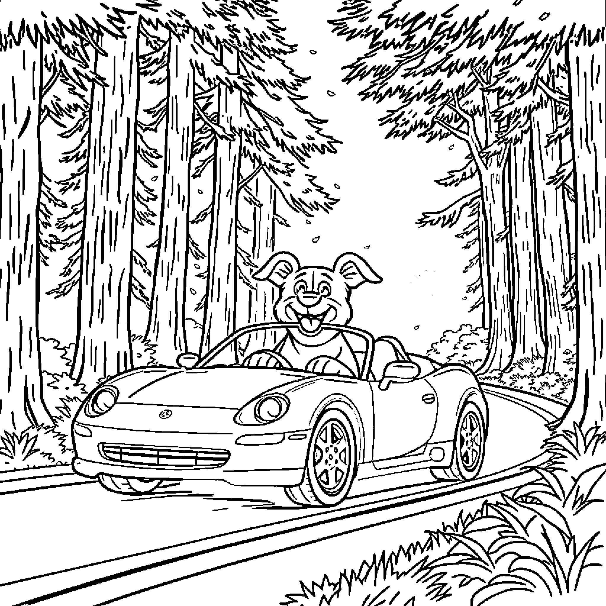 Dog driving a sports car through the forest Coloring Page (free black-and-white line drawing printable PDF for all, from beginners to advanced learners, including children, teens, adults, and seniors)
