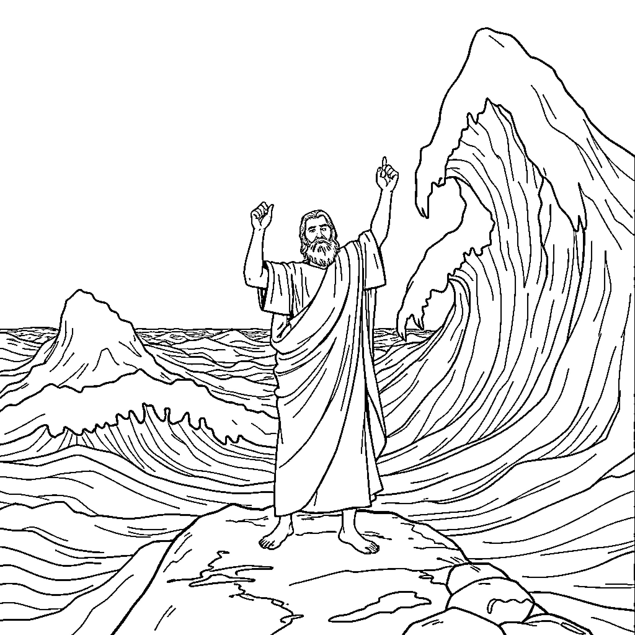 Moses parting the Red Sea with outstretched arms Coloring Page (free black-and-white line drawing printable PDF for all, from beginners to advanced learners, including children, teens, adults, and seniors)
