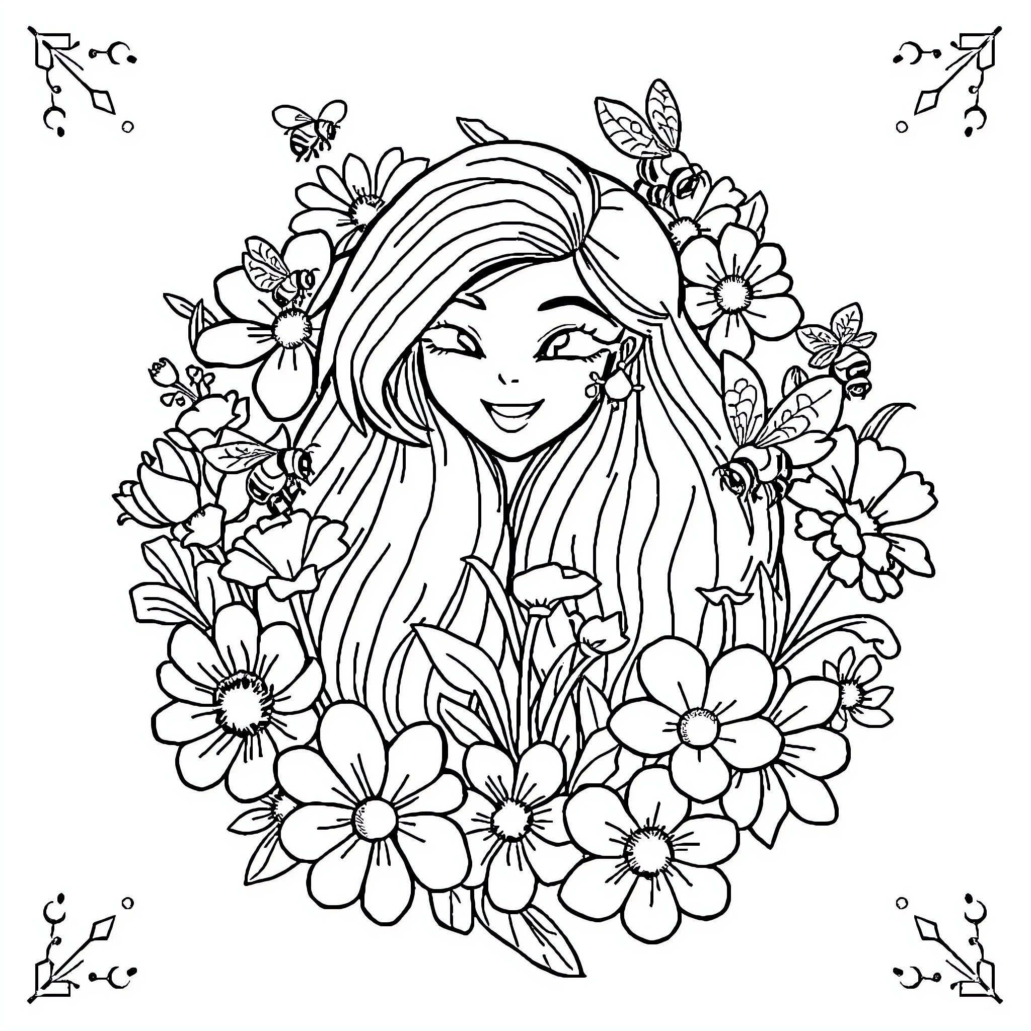 Rosy Floral Girl with Butterflies Coloring Page (free black-and-white line drawing printable PDF for all, from beginners to advanced learners, including children, teens, adults, and seniors)