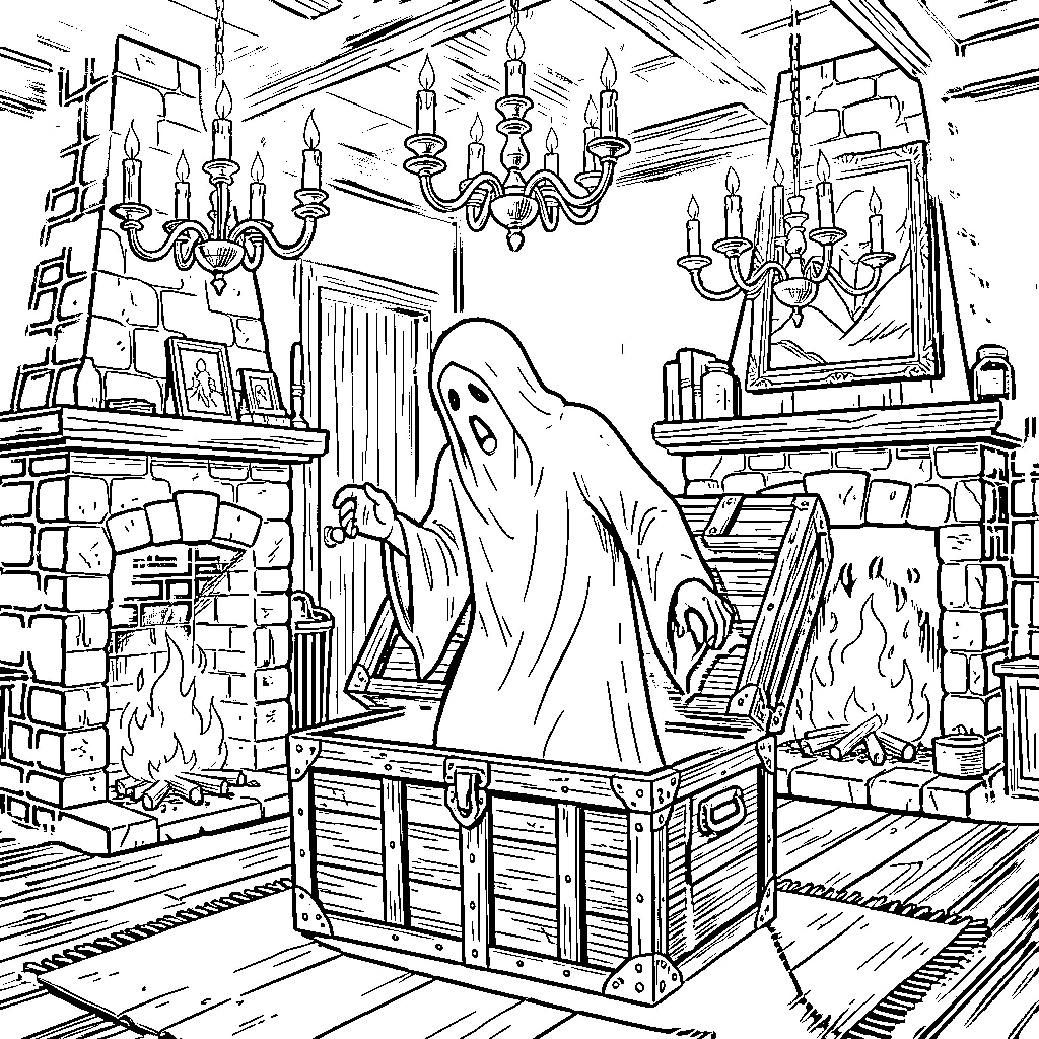 Fantasma's Eerie Haunt in the Spooky Abode Coloring Page (free black-and-white line drawing printable PDF for all, from beginners to advanced learners, including children, teens, adults, and seniors)