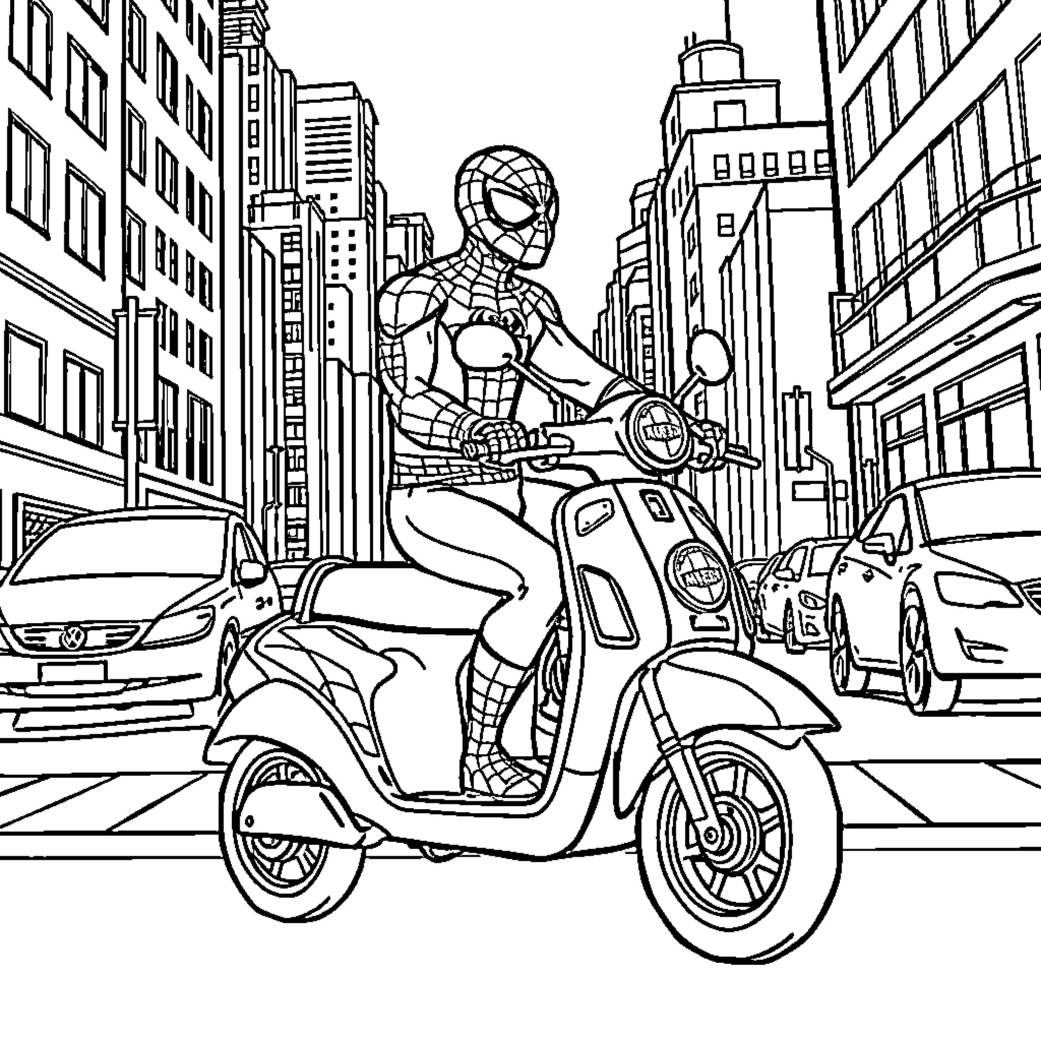 Spiderman riding a scooter through the city Coloring Page (free black-and-white line drawing printable PDF for all, from beginners to advanced learners, including children, teens, adults, and seniors)