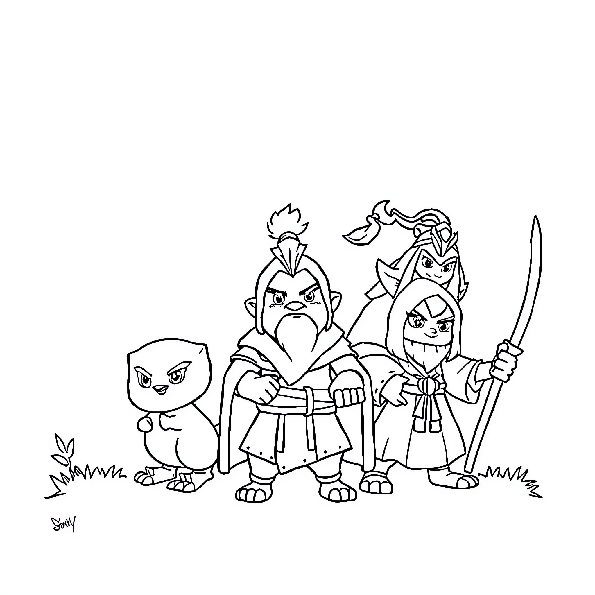 Wakfu Characters in Adventurous Poses Coloring Page (free black-and-white line drawing printable PDF for all, from beginners to advanced learners, including children, teens, adults, and seniors)