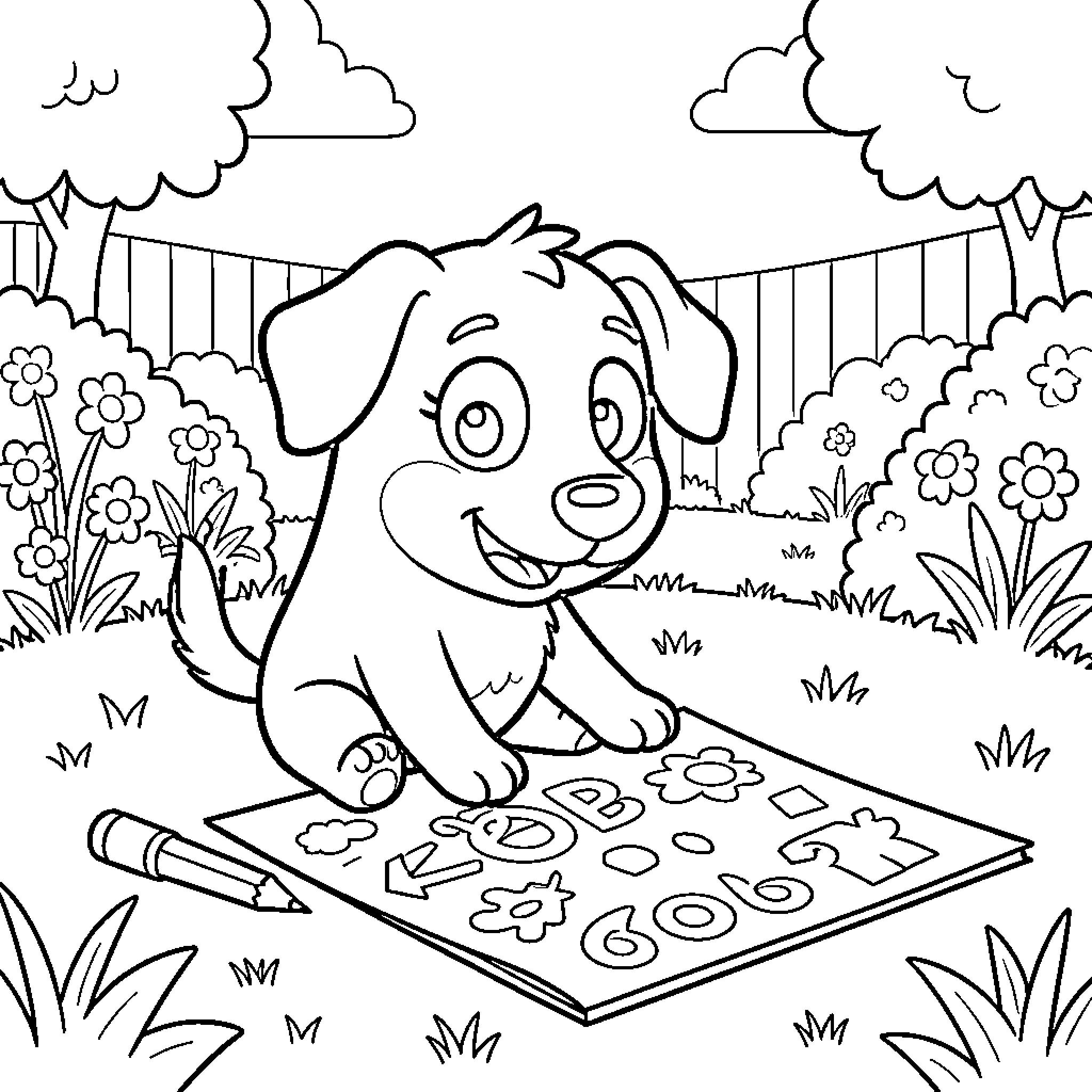 Bluey puppy sitting outdoors playing with drawing paper Coloring Page (free black-and-white line drawing printable PDF for all, from beginners to advanced learners, including children, teens, adults, and seniors)