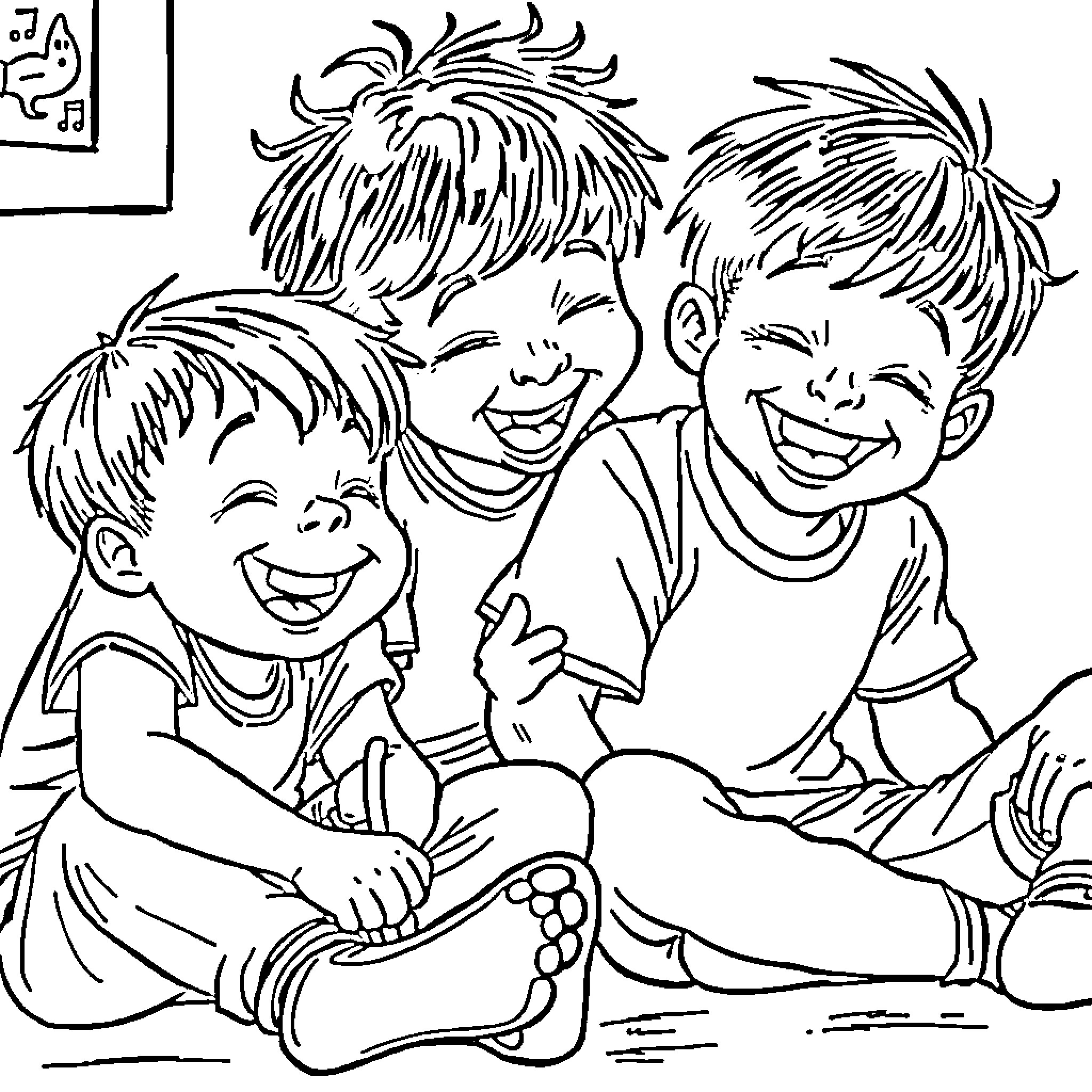 Kid Trio Giggling and Enjoying Themselves Coloring Page (free black-and-white line drawing printable PDF for all, from beginners to advanced learners, including children, teens, adults, and seniors)