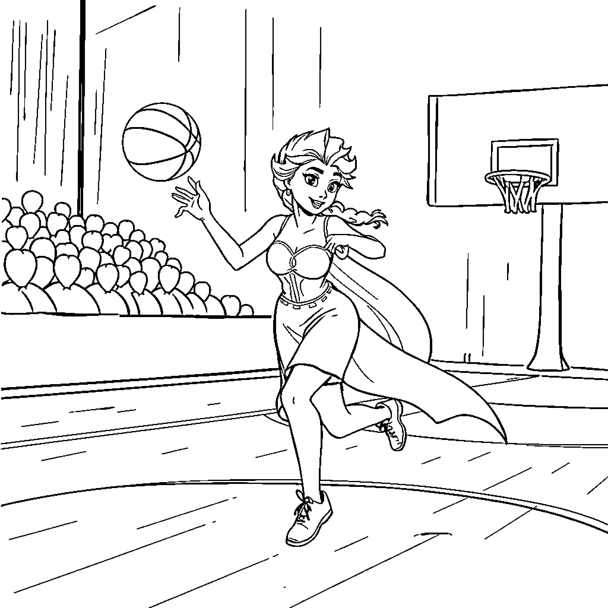 Elsa playing basketball on the court Coloring Page (free black-and-white line drawing printable PDF for all, from beginners to advanced learners, including children, teens, adults, and seniors)