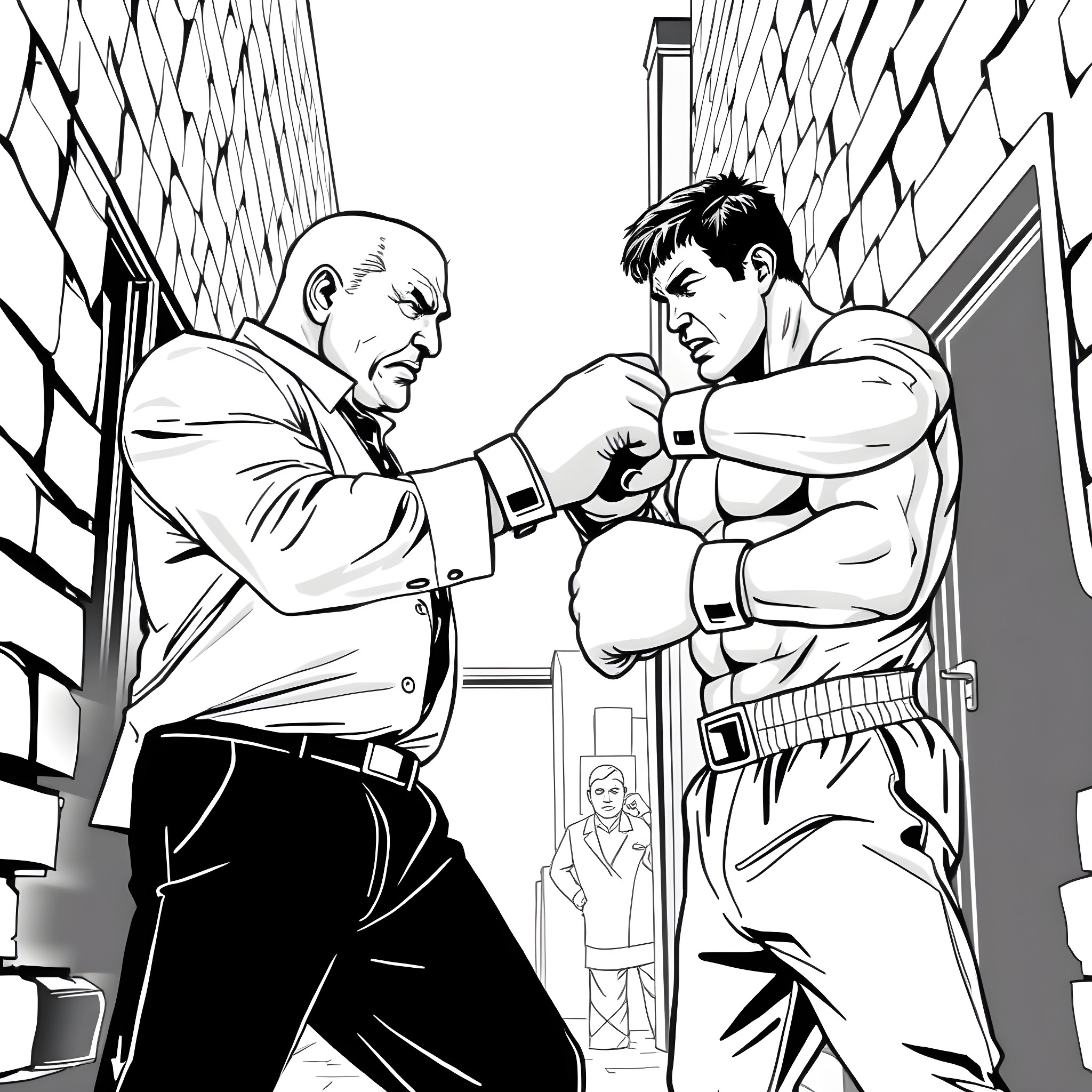 Tony Soprano confronting a man in an alley Coloring Page (free black-and-white line drawing printable PDF for all, from beginners to advanced learners, including children, teens, adults, and seniors)