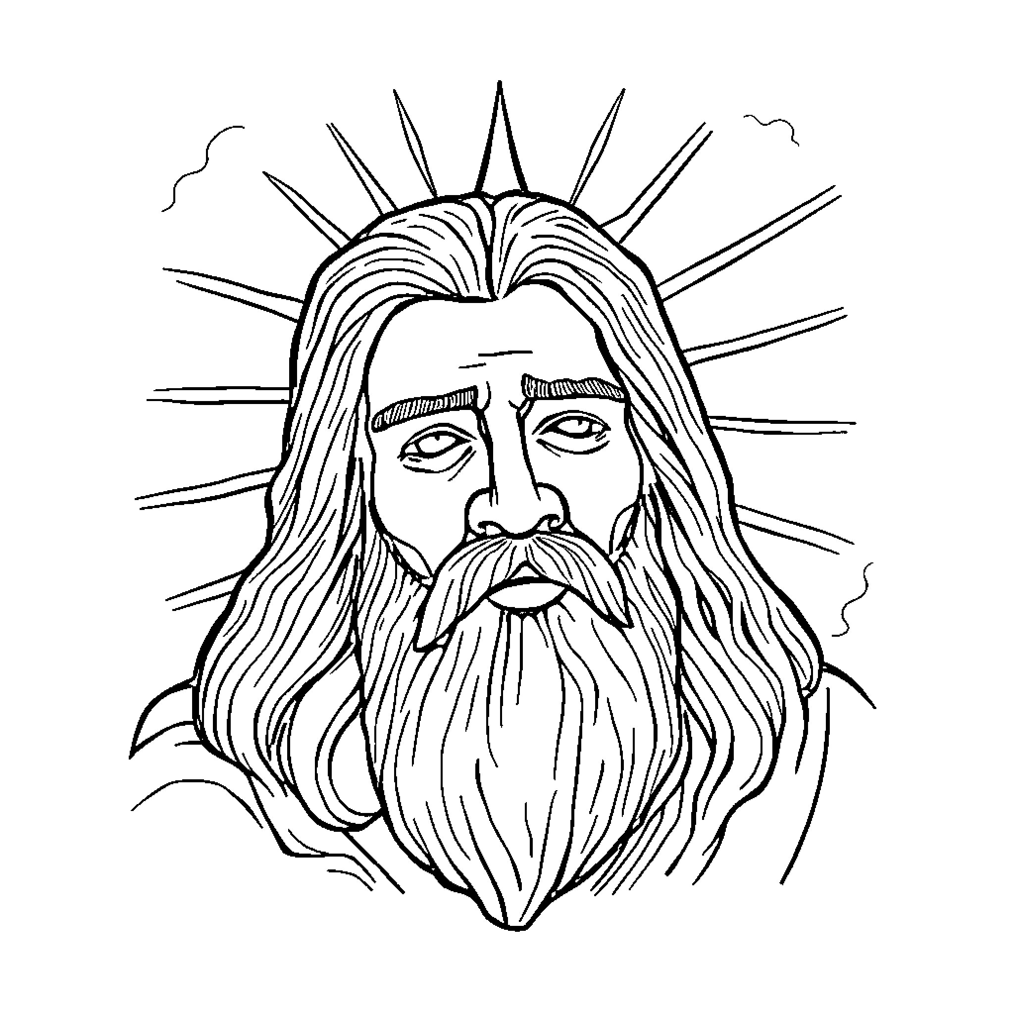 Dios the Bearded Man with Radiant Halo Coloring Page (free black-and-white line drawing printable PDF for all, from beginners to advanced learners, including children, teens, adults, and seniors)