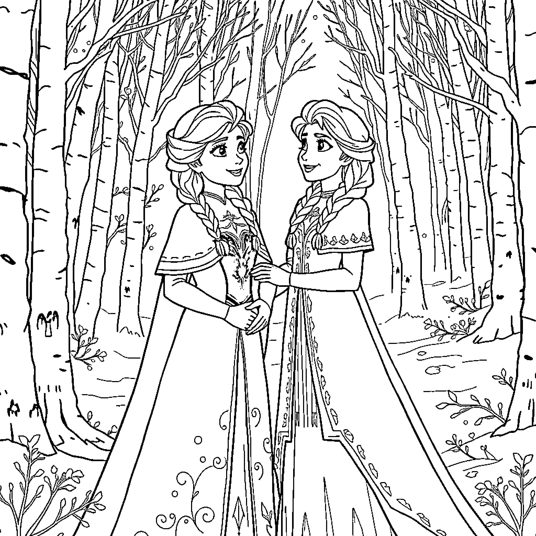 Elsa and Anna enjoying a scenic forest walk together Coloring Page (free black-and-white line drawing printable PDF for all, from beginners to advanced learners, including children, teens, adults, and seniors)