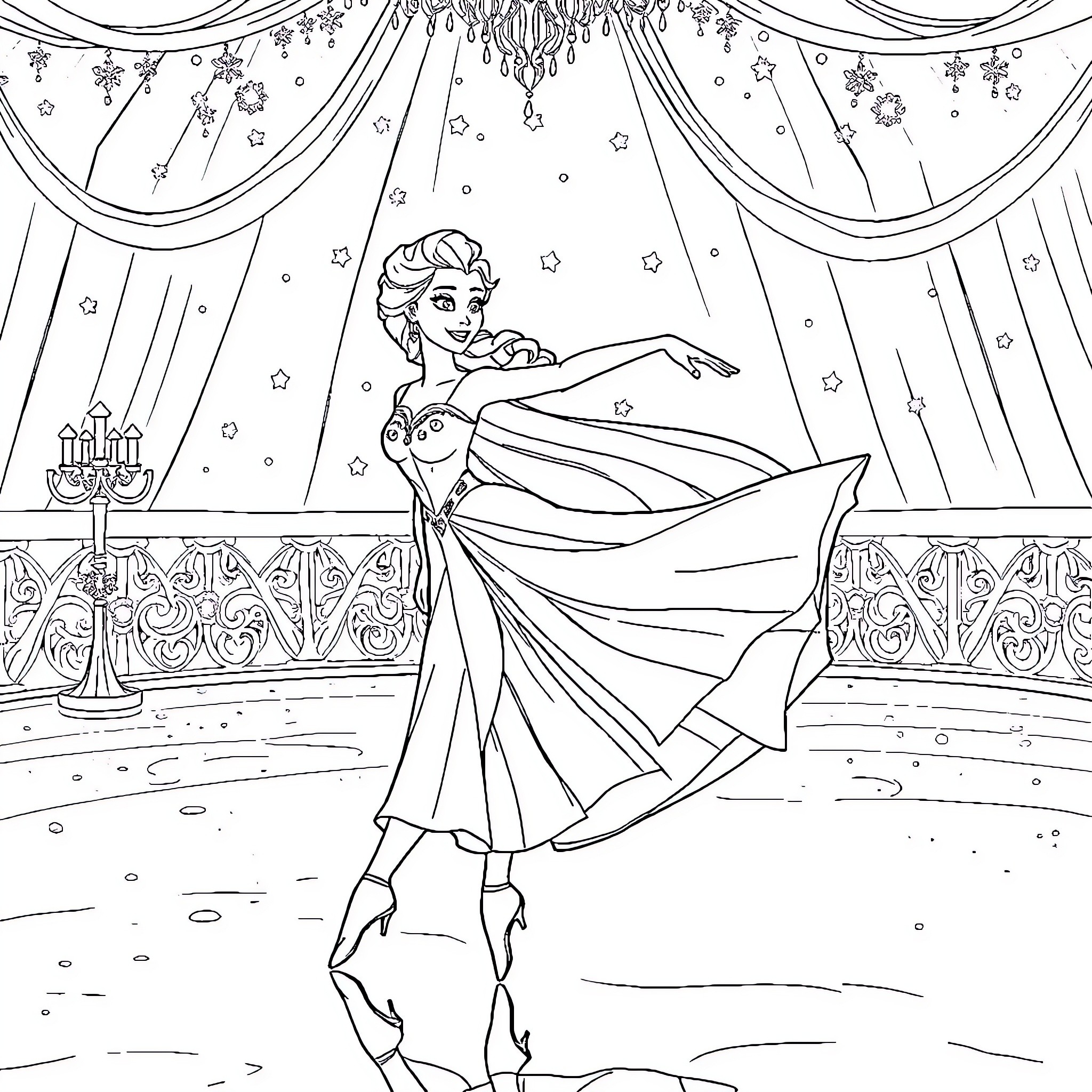 Elsa's Magical Winter Dance Performance Coloring Page (free black-and-white line drawing printable PDF for all, from beginners to advanced learners, including children, teens, adults, and seniors)