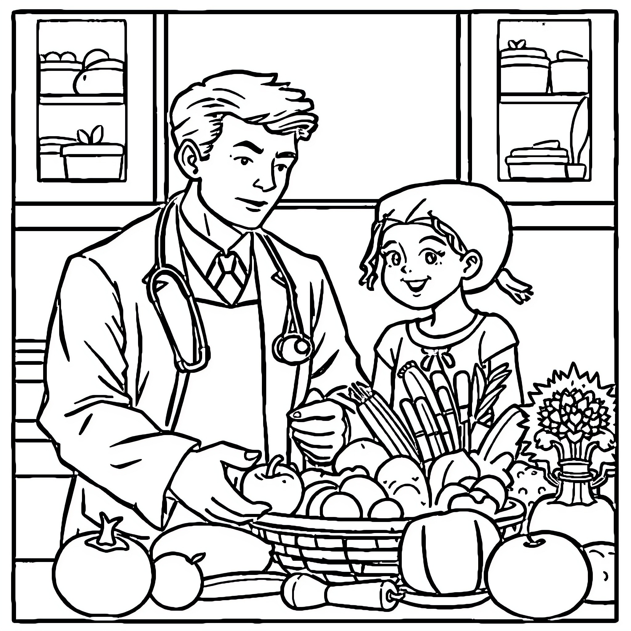 Physician Assistant Consulting with Cheerful Patient Coloring Page (free black-and-white line drawing printable PDF for all, from beginners to advanced learners, including children, teens, adults, and seniors)