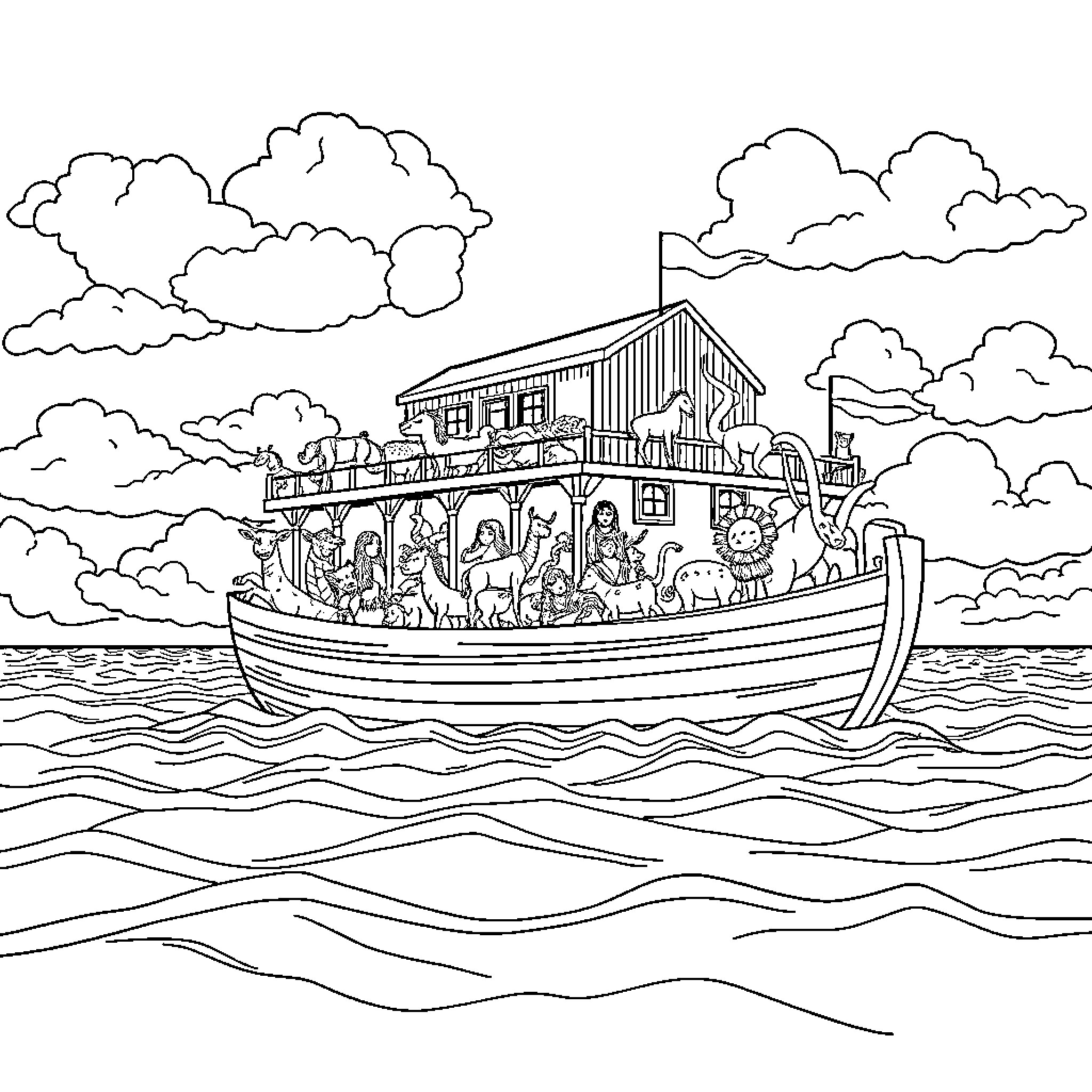Noah's Ark Filled with Animals and People Sailing on the Waves Coloring Page (free black-and-white line drawing printable PDF for all, from beginners to advanced learners, including children, teens, adults, and seniors)