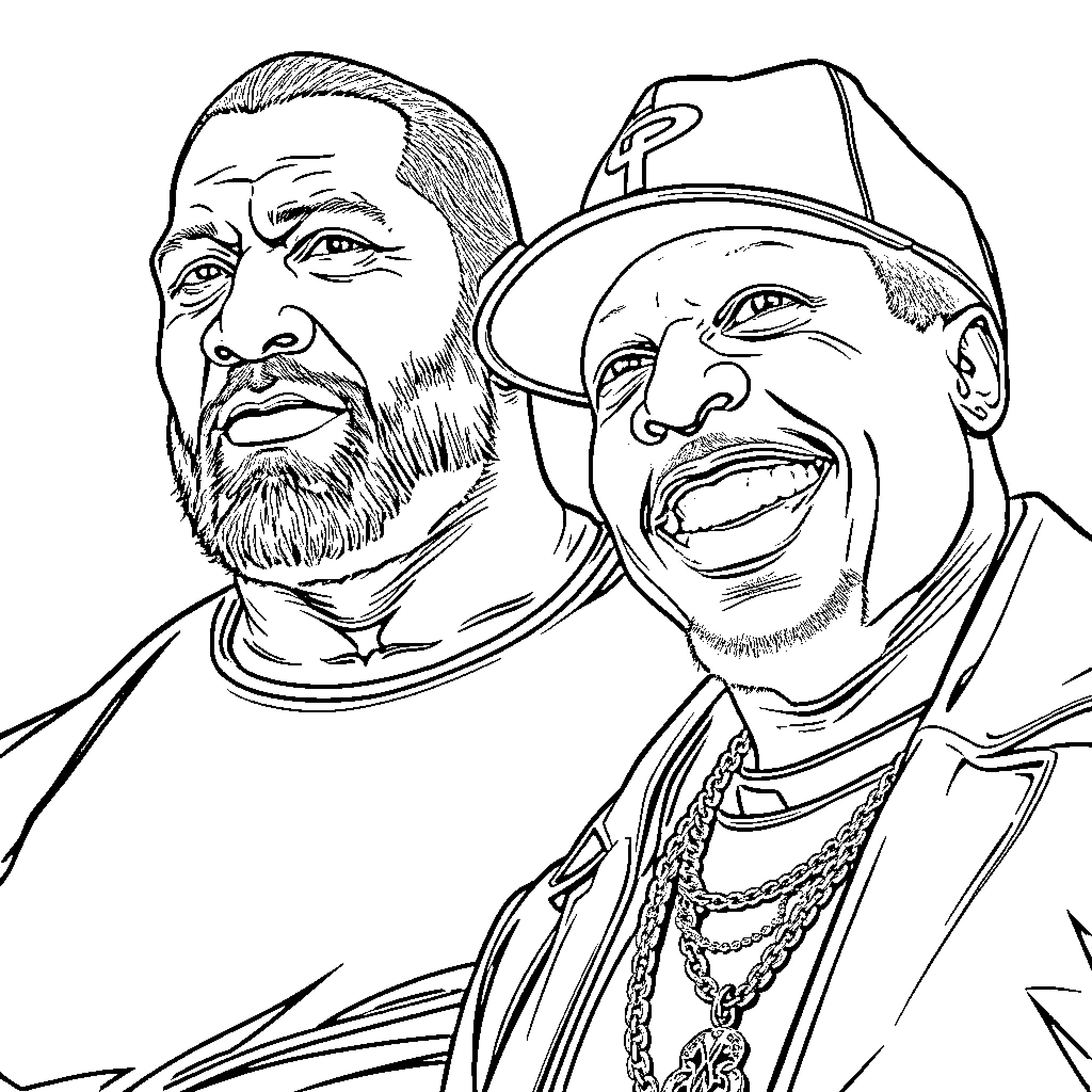 Randy Orton and Rap Star Duo in Animated Portrait Coloring Page (free black-and-white line drawing printable PDF for all, from beginners to advanced learners, including children, teens, adults, and seniors)