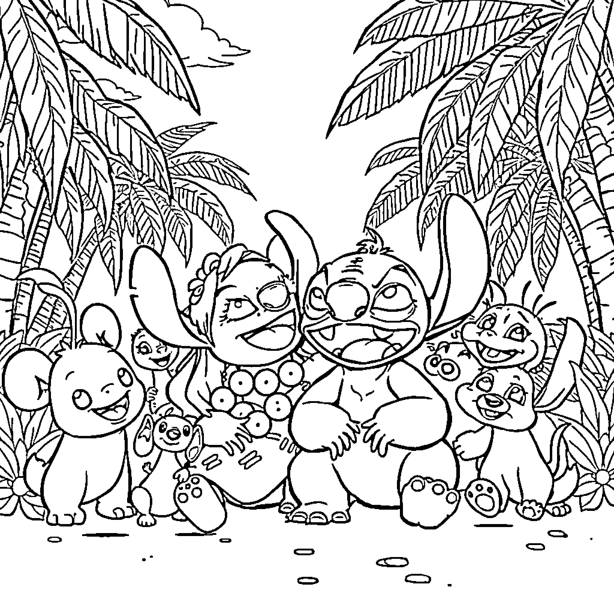 Lilo And Stitch playing mischievously in the tropical jungle Coloring Page (free black-and-white line drawing printable PDF for all, from beginners to advanced learners, including children, teens, adults, and seniors)