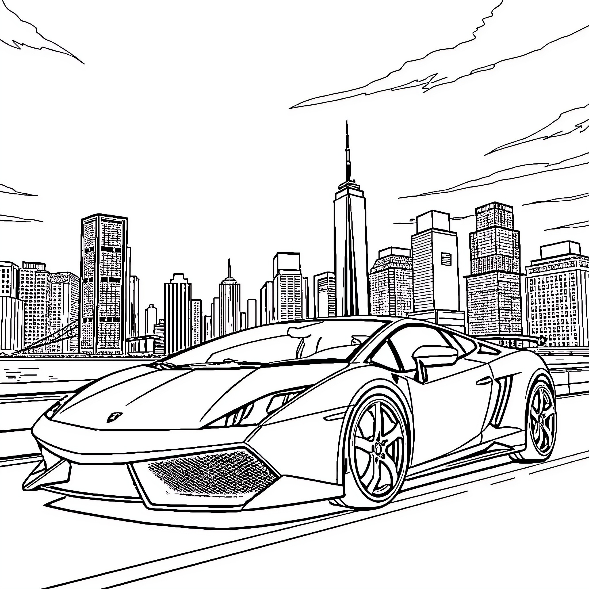 Lamborghini sports car on city streets Coloring Page (free black-and-white line drawing printable PDF for all, from beginners to advanced learners, including children, teens, adults, and seniors)