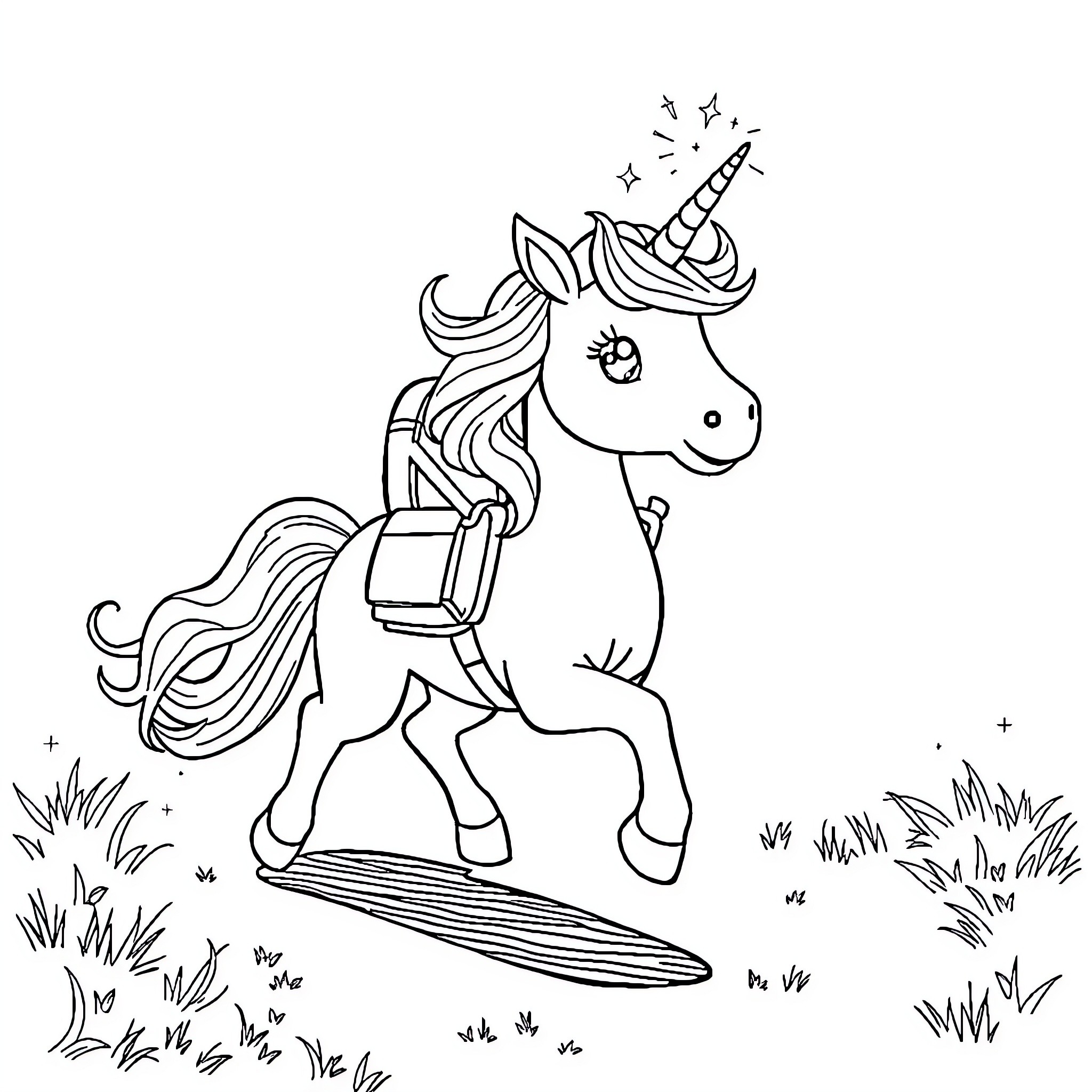 Unicorn riding a surfboard through a magical meadow Coloring Page (free black-and-white line drawing printable PDF for all, from beginners to advanced learners, including children, teens, adults, and seniors)
