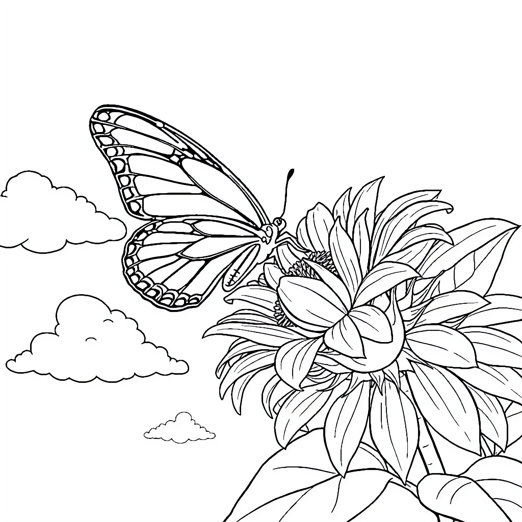 Butterfly resting on a flower in the clouds Coloring Page (free black-and-white line drawing printable PDF for all, from beginners to advanced learners, including children, teens, adults, and seniors)