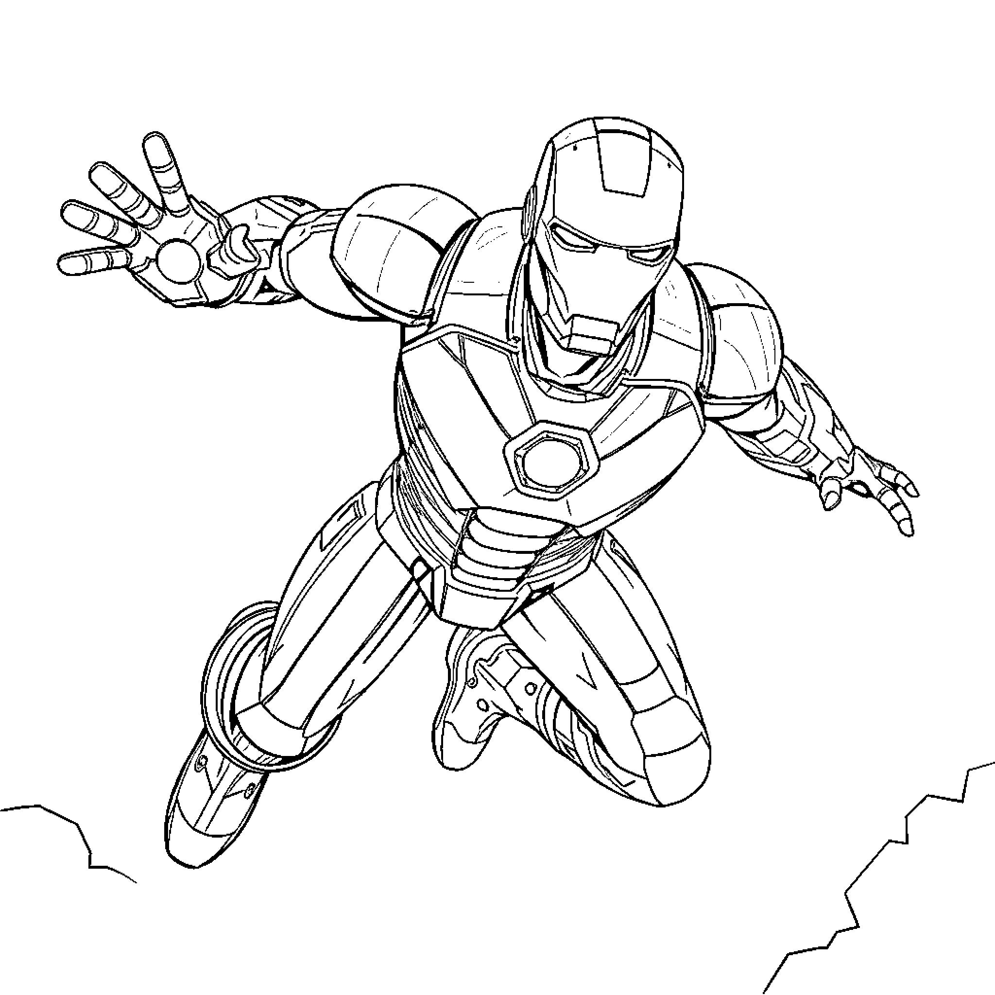 Ironman flying in action with repulsor blasts Coloring Page (free black-and-white line drawing printable PDF for all, from beginners to advanced learners, including children, teens, adults, and seniors)