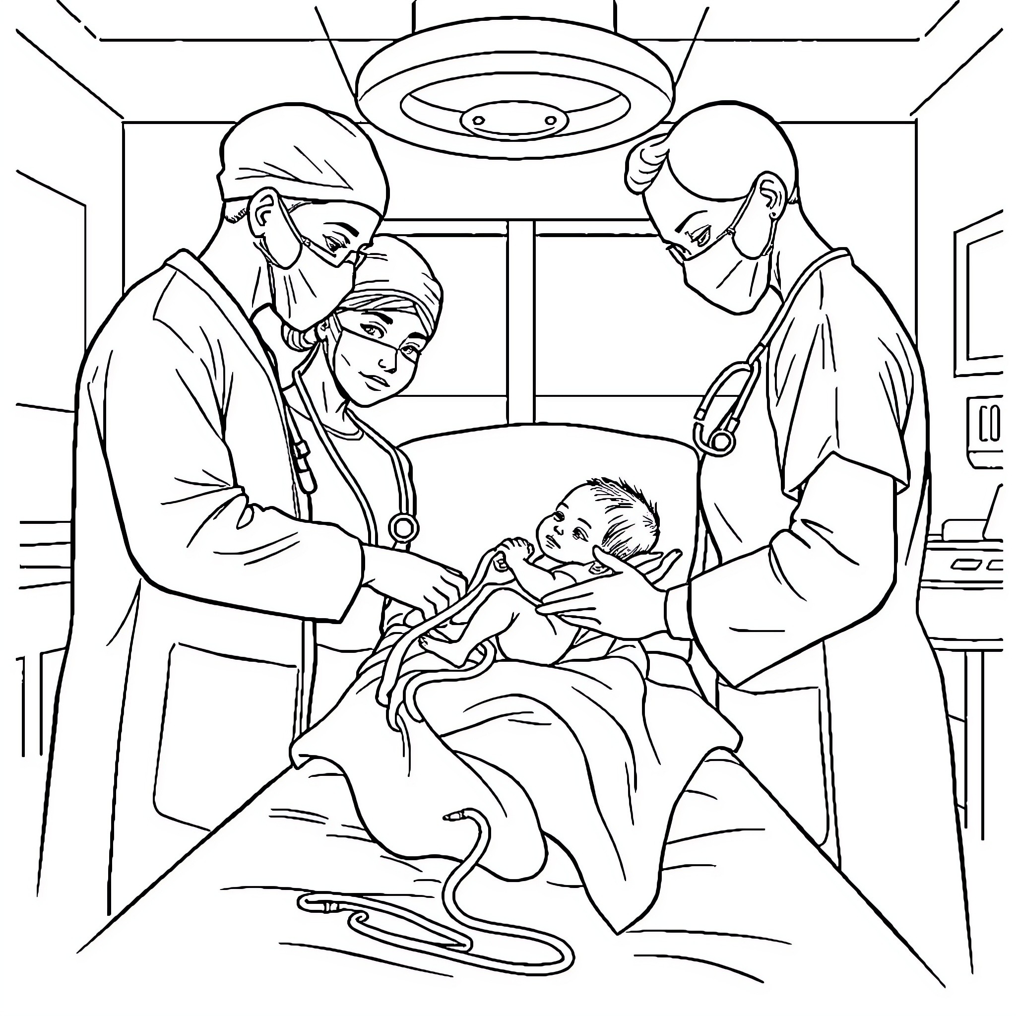 Baby receiving medical care from doctors Coloring Page (free black-and-white line drawing printable PDF for all, from beginners to advanced learners, including children, teens, adults, and seniors)
