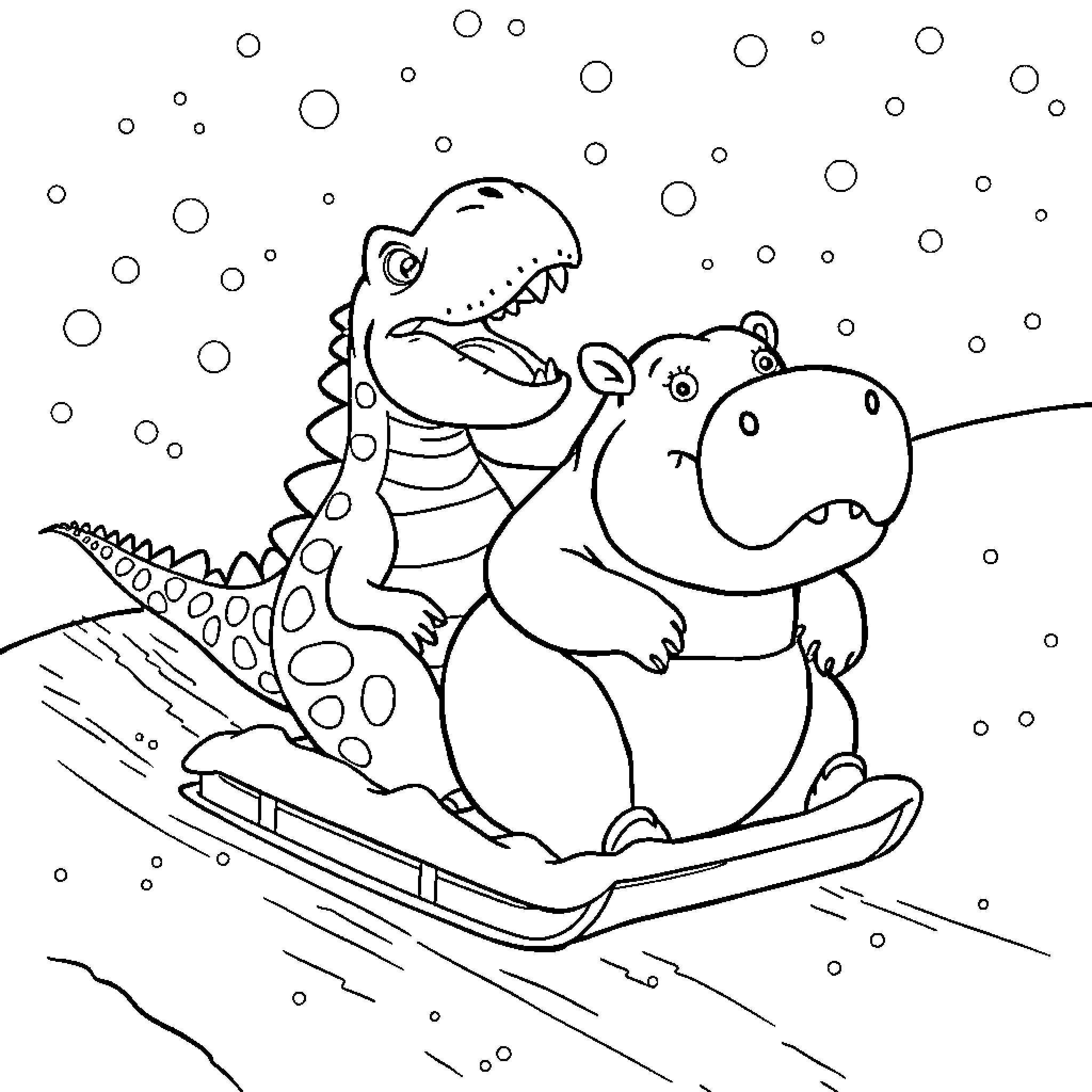 Dino friends sledding on the snow Coloring Page (free black-and-white line drawing printable PDF for all, from beginners to advanced learners, including children, teens, adults, and seniors)
