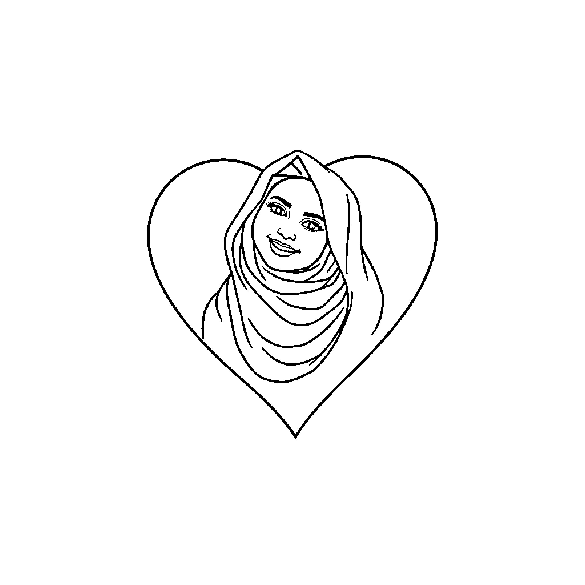 Heart with Smiling Veiled Woman Coloring Page (free black-and-white line drawing printable PDF for all, from beginners to advanced learners, including children, teens, adults, and seniors)