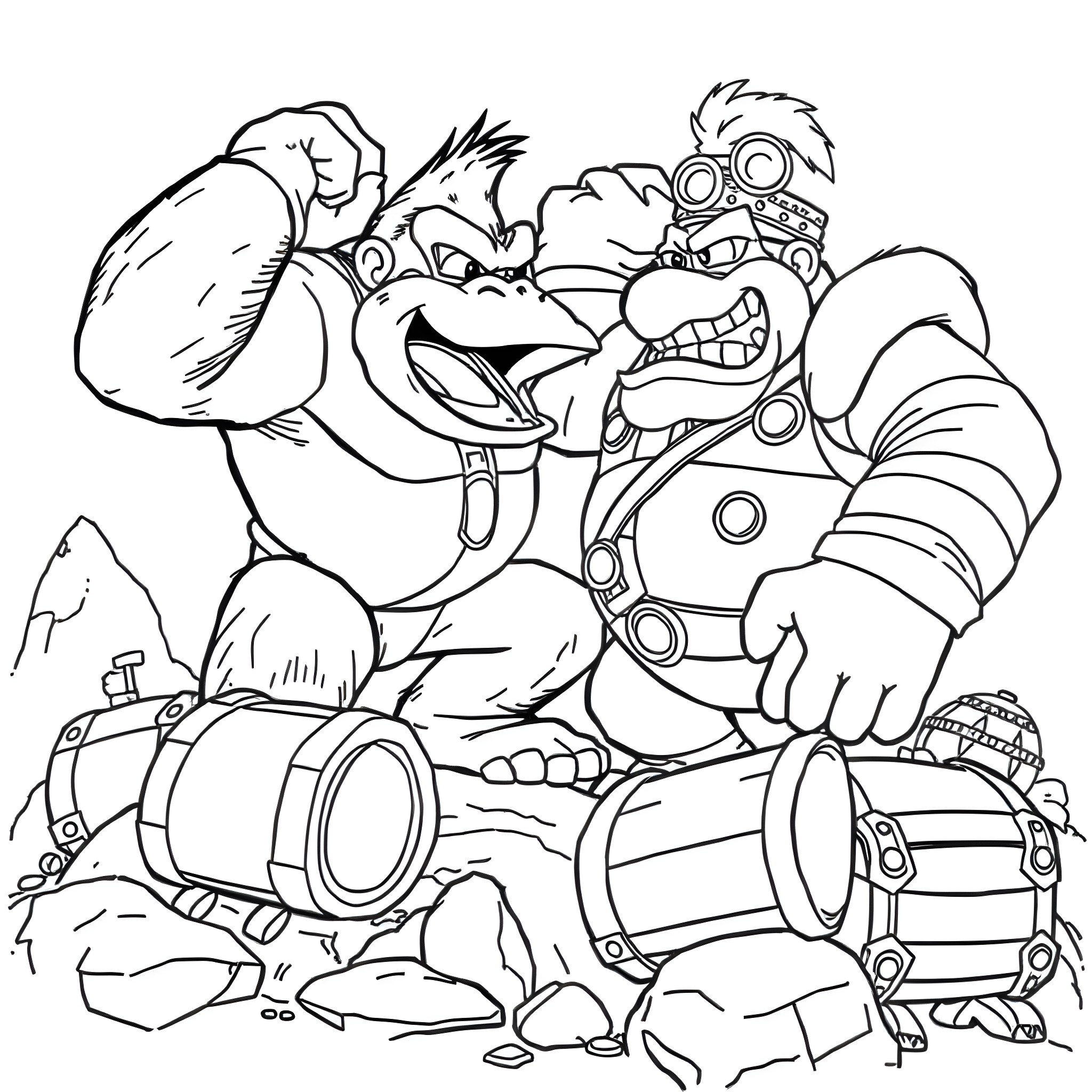 Donkey Kong and friends in adventurous poses Coloring Page (free black-and-white line drawing printable PDF for all, from beginners to advanced learners, including children, teens, adults, and seniors)