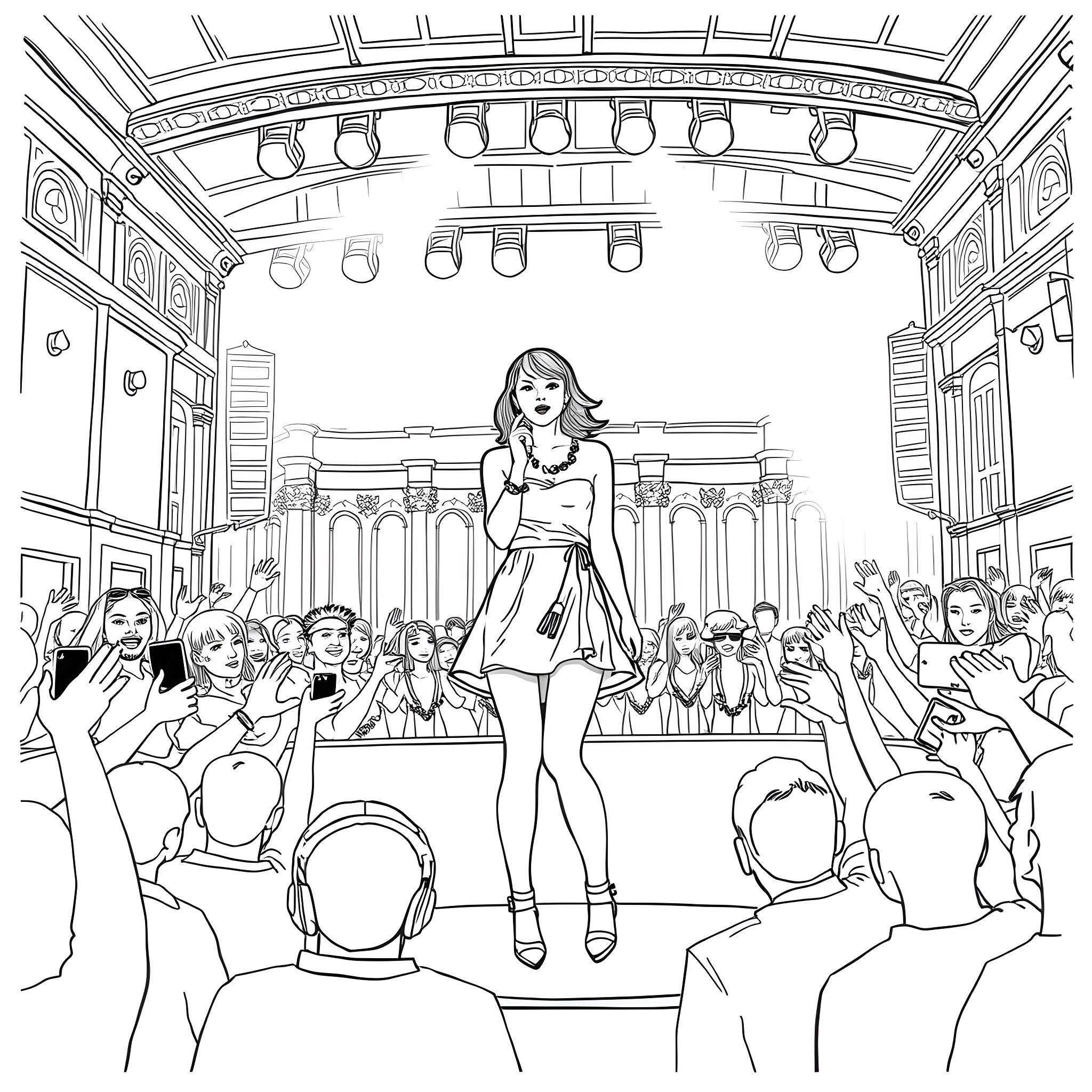 Taylor Swift performing on stage before adoring crowd Coloring Page (free black-and-white line drawing printable PDF for all, from beginners to advanced learners, including children, teens, adults, and seniors)