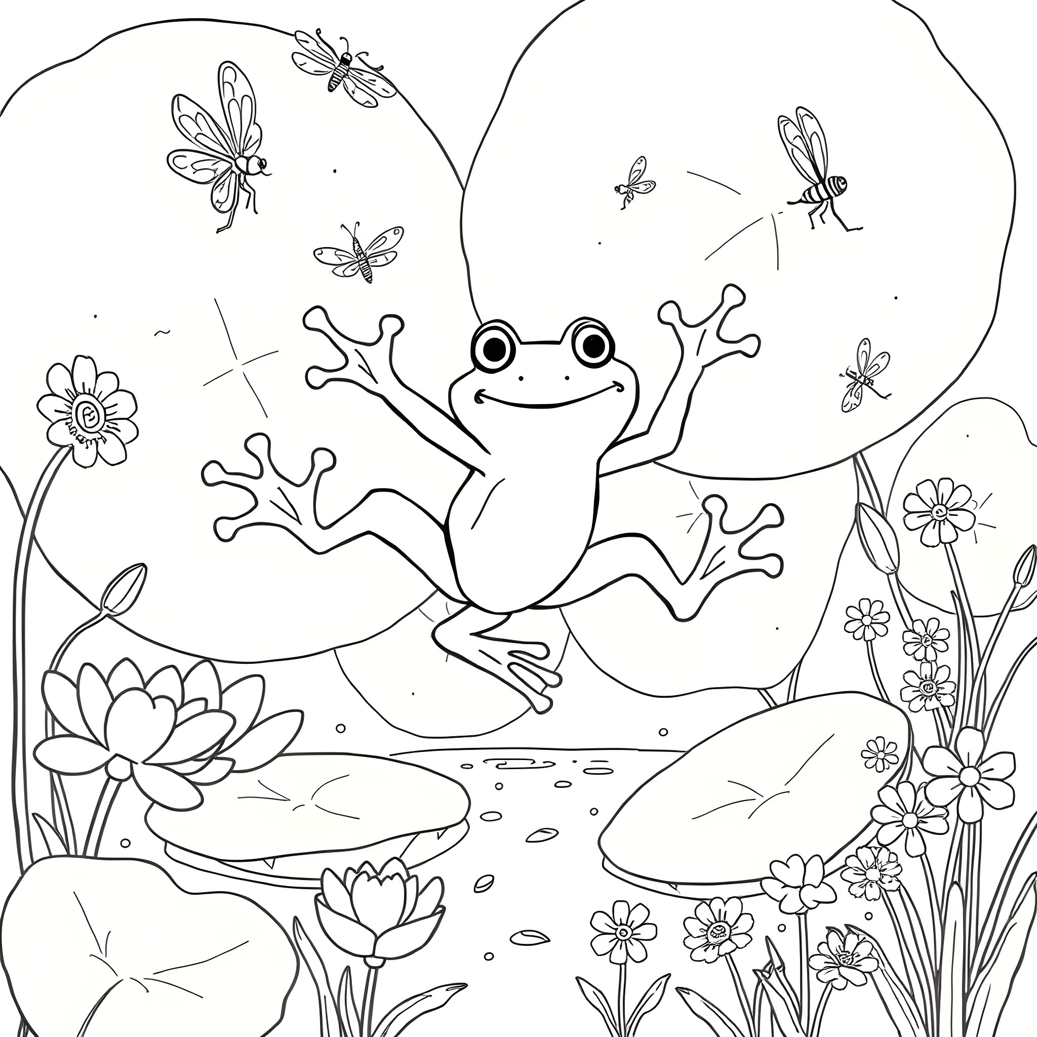 Frog jumping with joy amidst fluttering insects Coloring Page (free black-and-white line drawing printable PDF for all, from beginners to advanced learners, including children, teens, adults, and seniors)