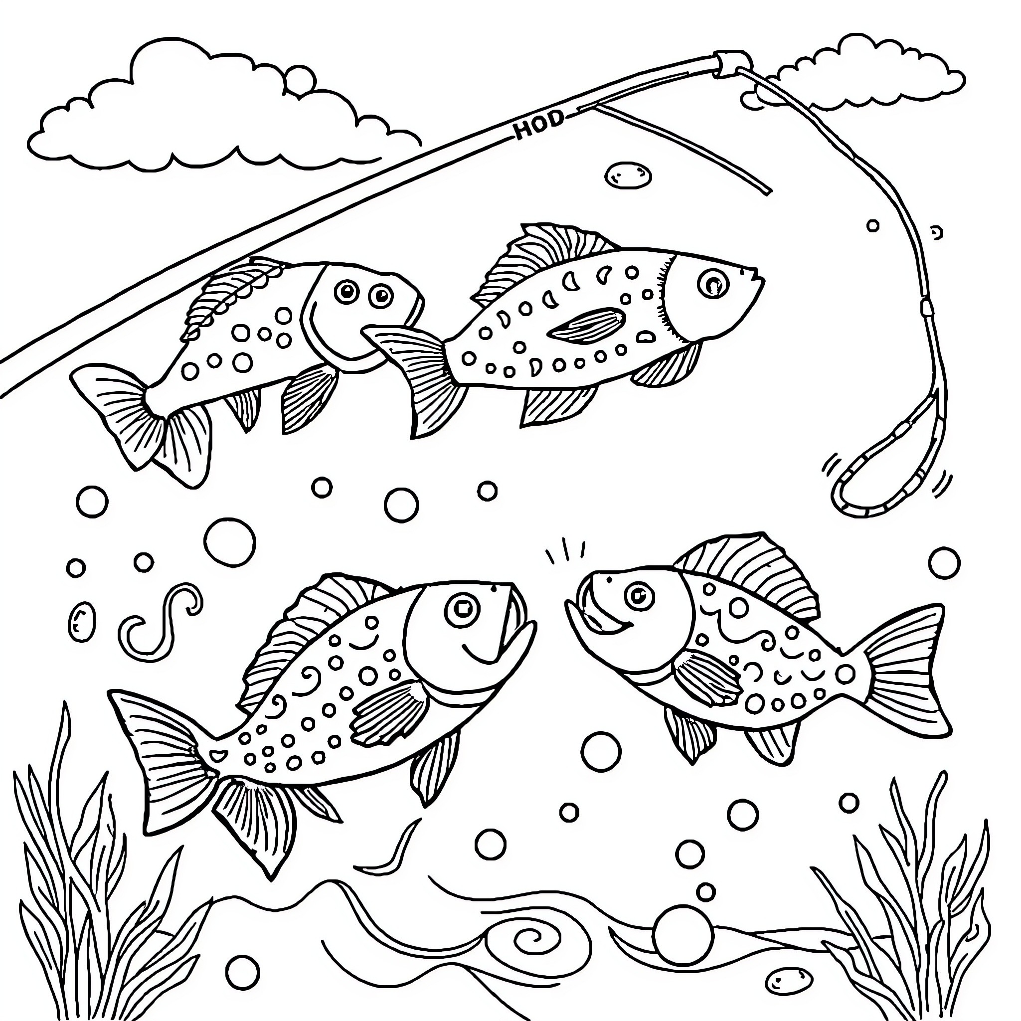 Fish swimming playfully with fishing rod Coloring Page (free black-and-white line drawing printable PDF for all, from beginners to advanced learners, including children, teens, adults, and seniors)