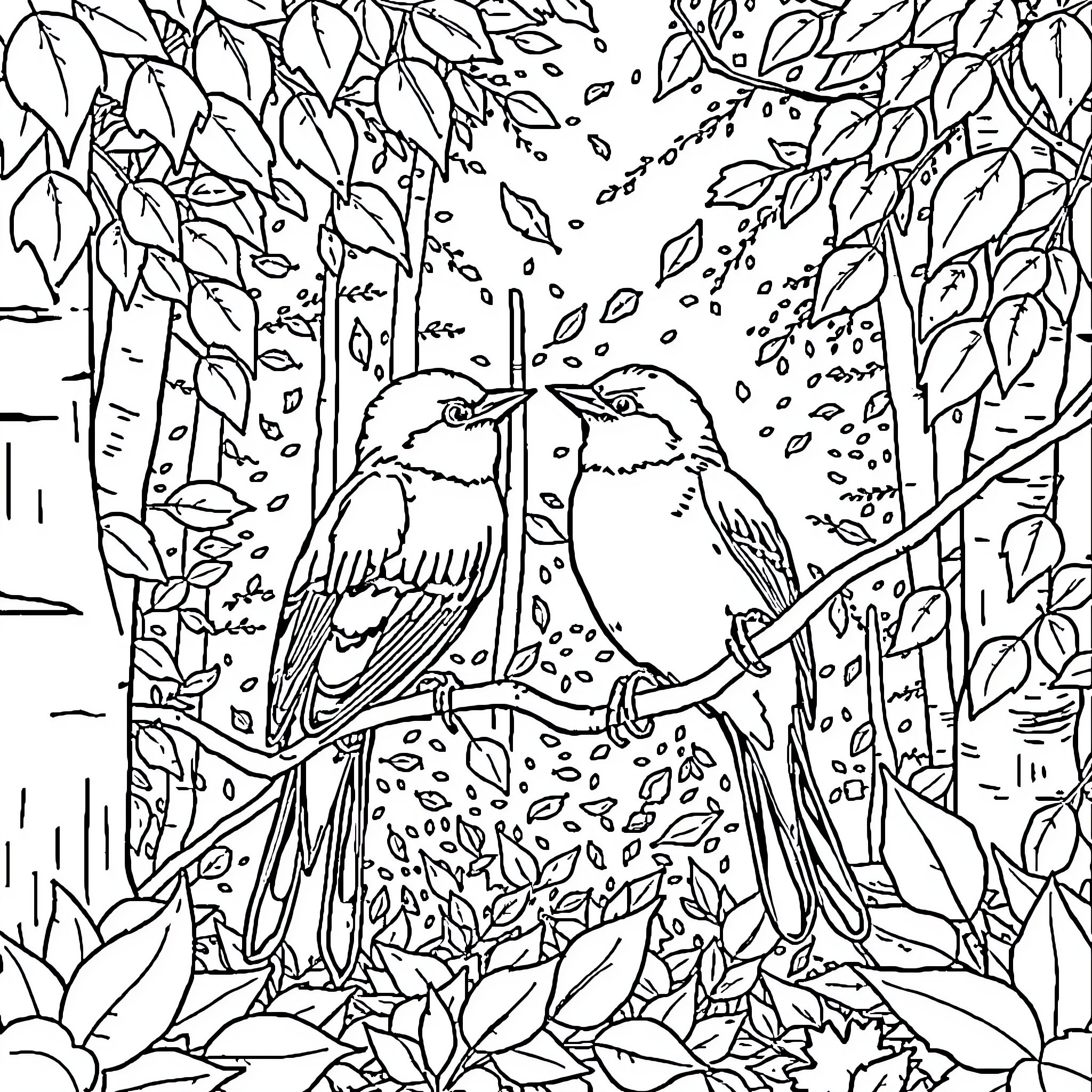 Squirrel birds in the forest Coloring Page (free black-and-white line drawing printable PDF for all, from beginners to advanced learners, including children, teens, adults, and seniors)