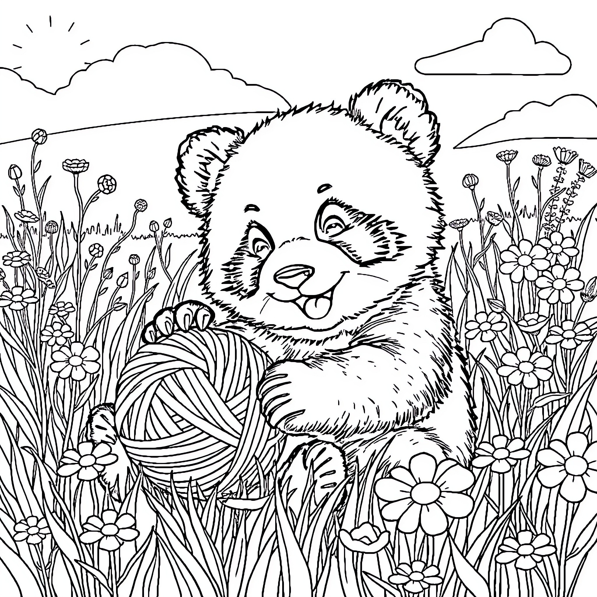 Panda playing amidst flowers and nature Coloring Page (free black-and-white line drawing printable PDF for all, from beginners to advanced learners, including children, teens, adults, and seniors)
