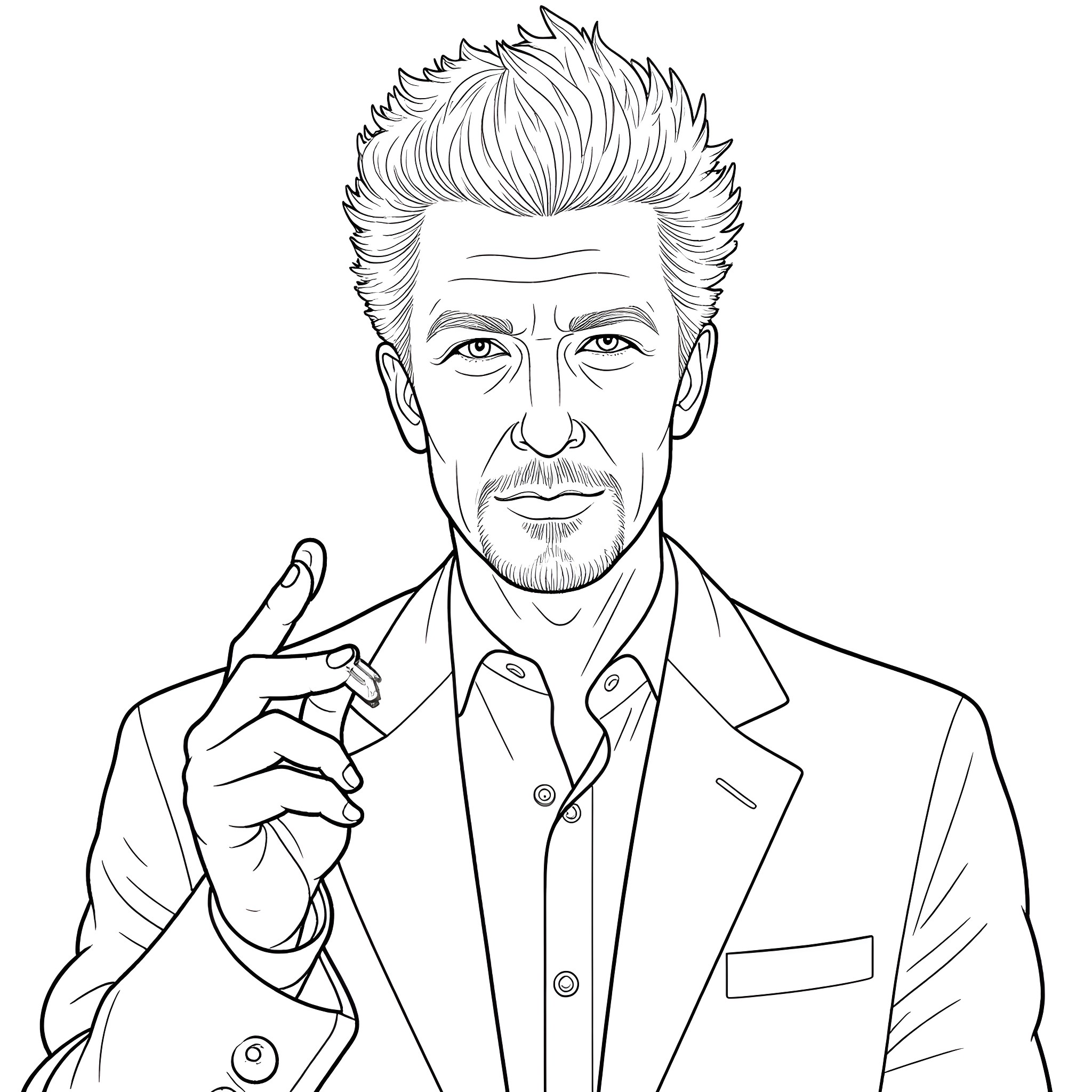 David Lynch's pensive pose in a stylized portrait Coloring Page (free black-and-white line drawing printable PDF for all, from beginners to advanced learners, including children, teens, adults, and seniors)