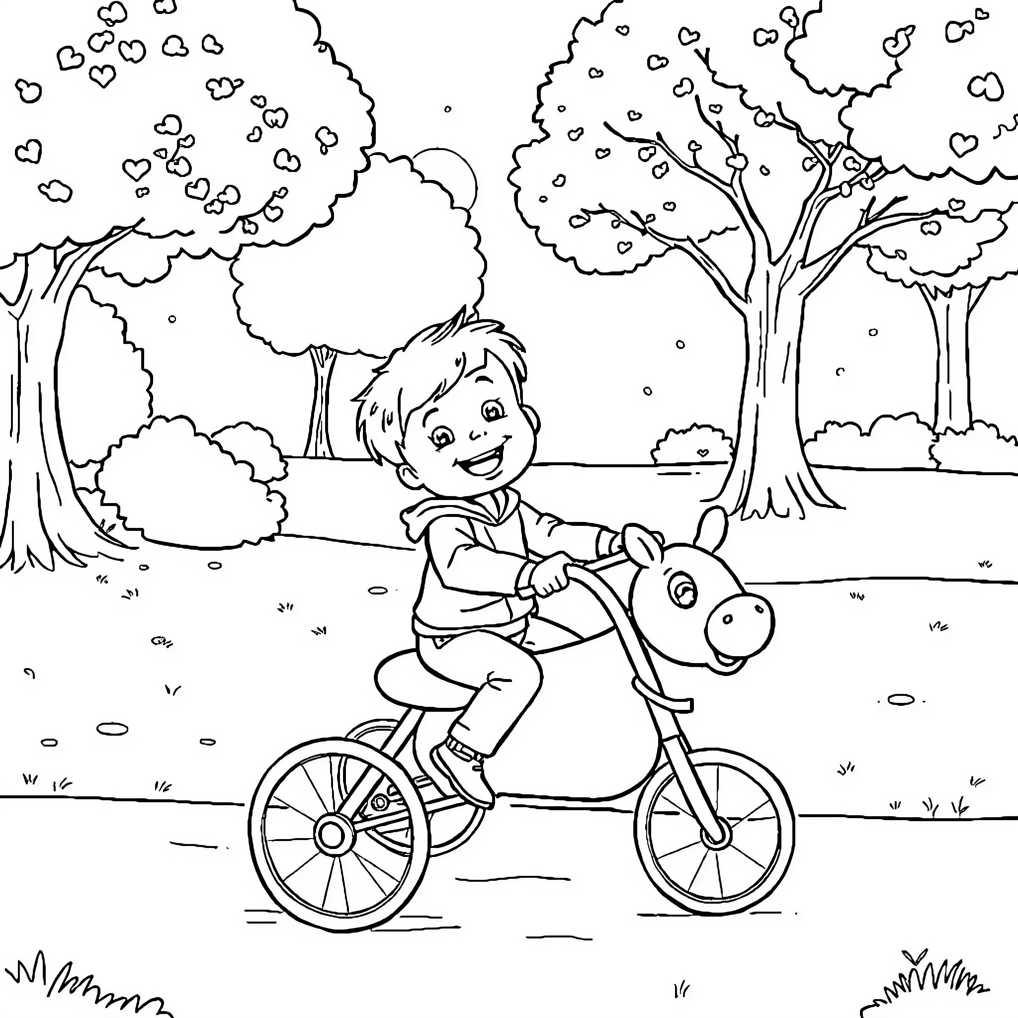 Child riding a bicycle through a park Coloring Page (free black-and-white line drawing printable PDF for all, from beginners to advanced learners, including children, teens, adults, and seniors)