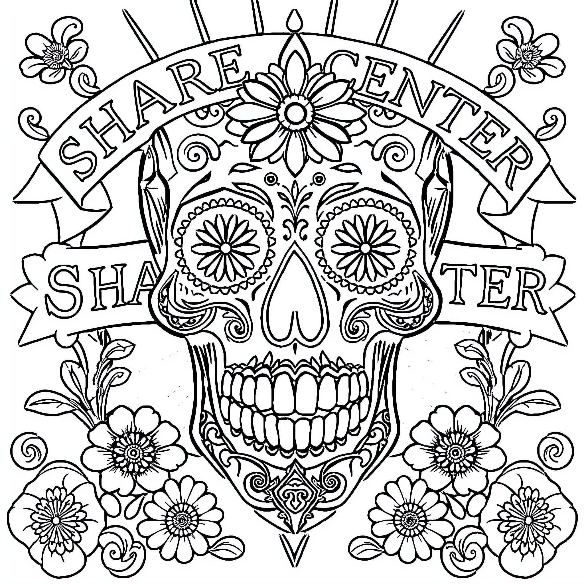 Skull with Intricate Floral Designs and Ornate Lettering Coloring Page (free black-and-white line drawing printable PDF for all, from beginners to advanced learners, including children, teens, adults, and seniors)