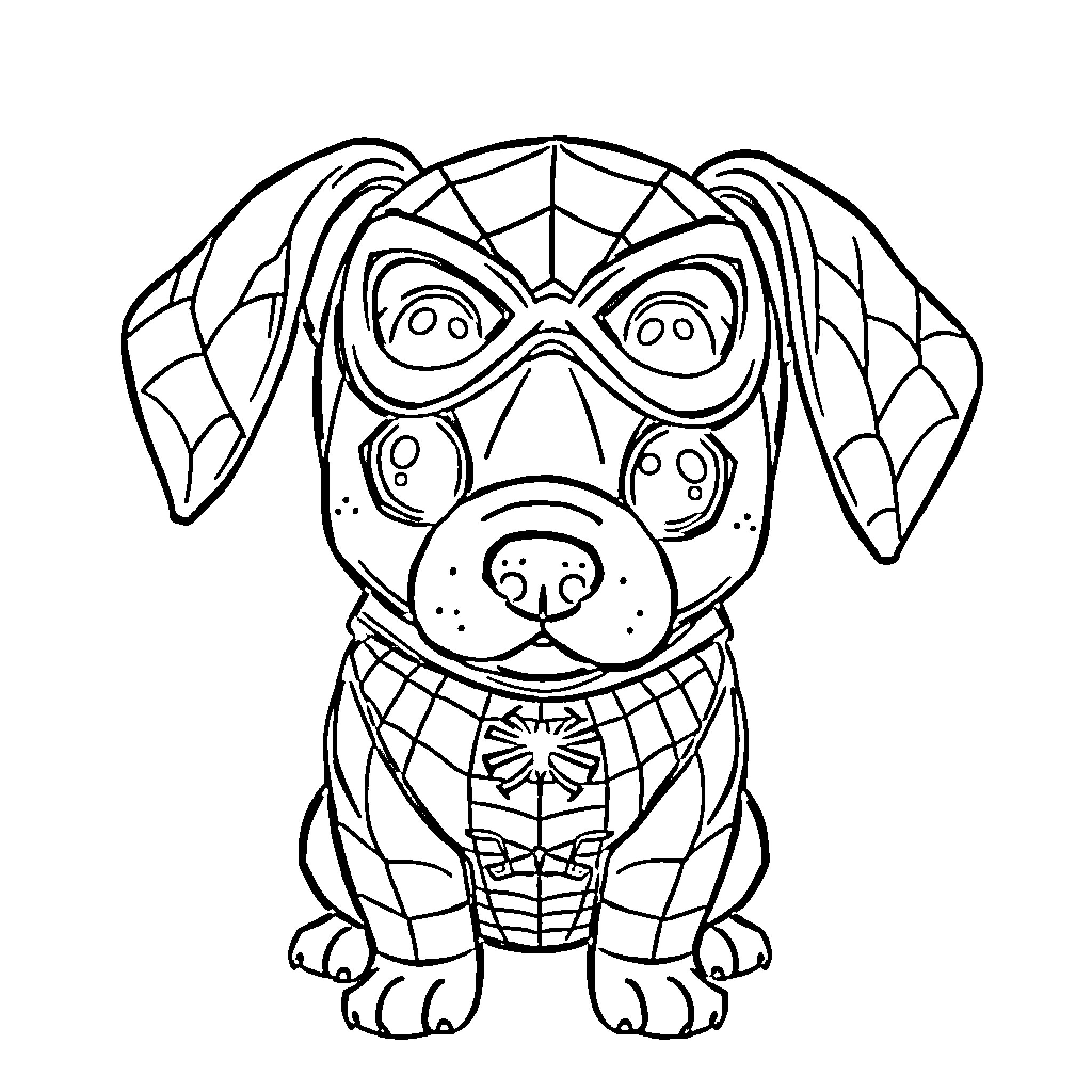 Dog in Superhero Costume Coloring Page (free black-and-white line drawing printable PDF for all, from beginners to advanced learners, including children, teens, adults, and seniors)