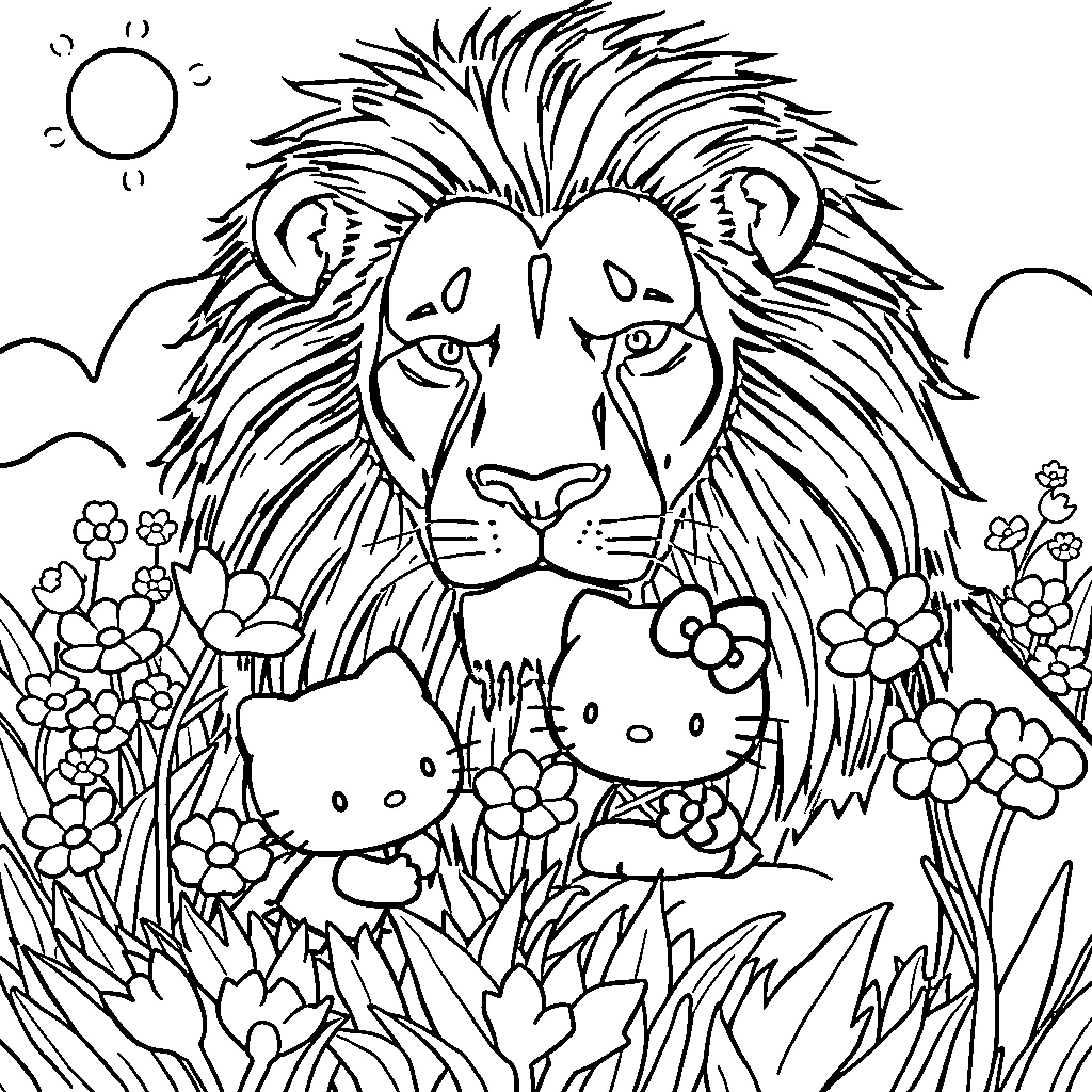 Lion poses with cute characters in floral meadow Coloring Page (free black-and-white line drawing printable PDF for all, from beginners to advanced learners, including children, teens, adults, and seniors)