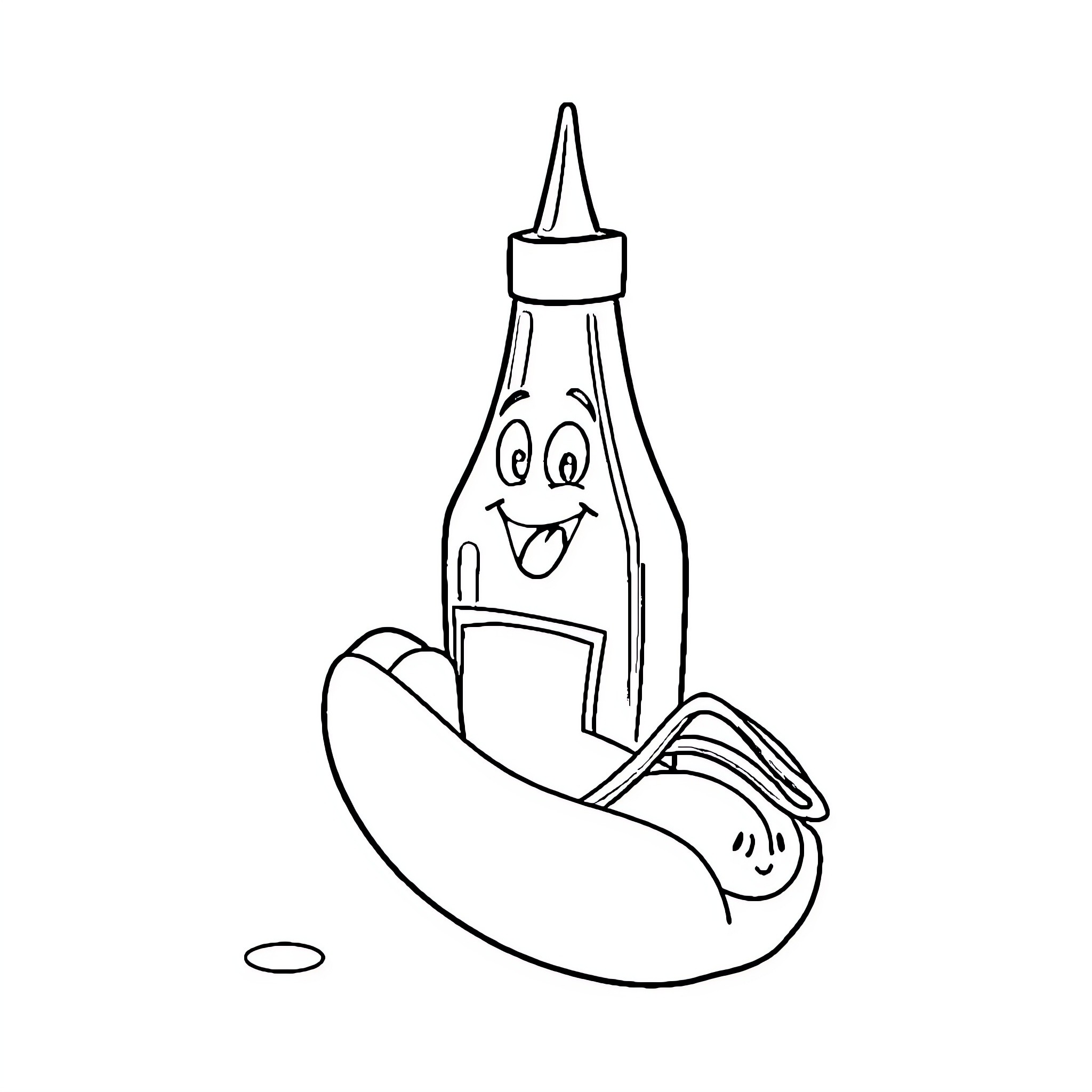 Ketchup bottle and happy hot dog Coloring Page (free black-and-white line drawing printable PDF for all, from beginners to advanced learners, including children, teens, adults, and seniors)