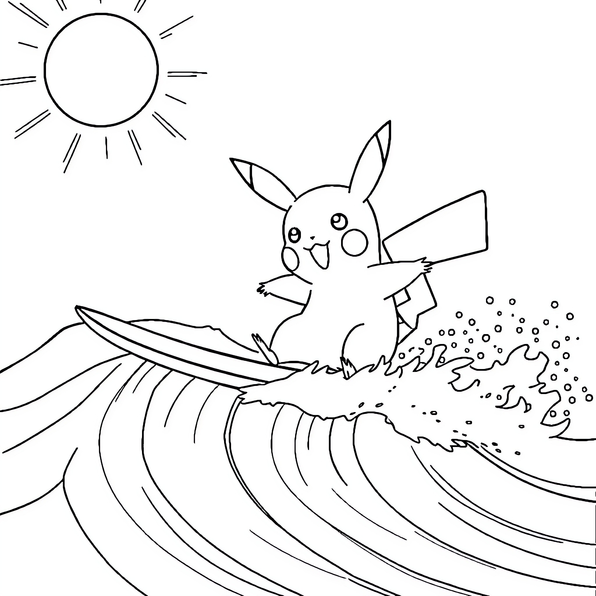 Pikachu surfing on a big wave Coloring Page (free black-and-white line drawing printable PDF for all, from beginners to advanced learners, including children, teens, adults, and seniors)