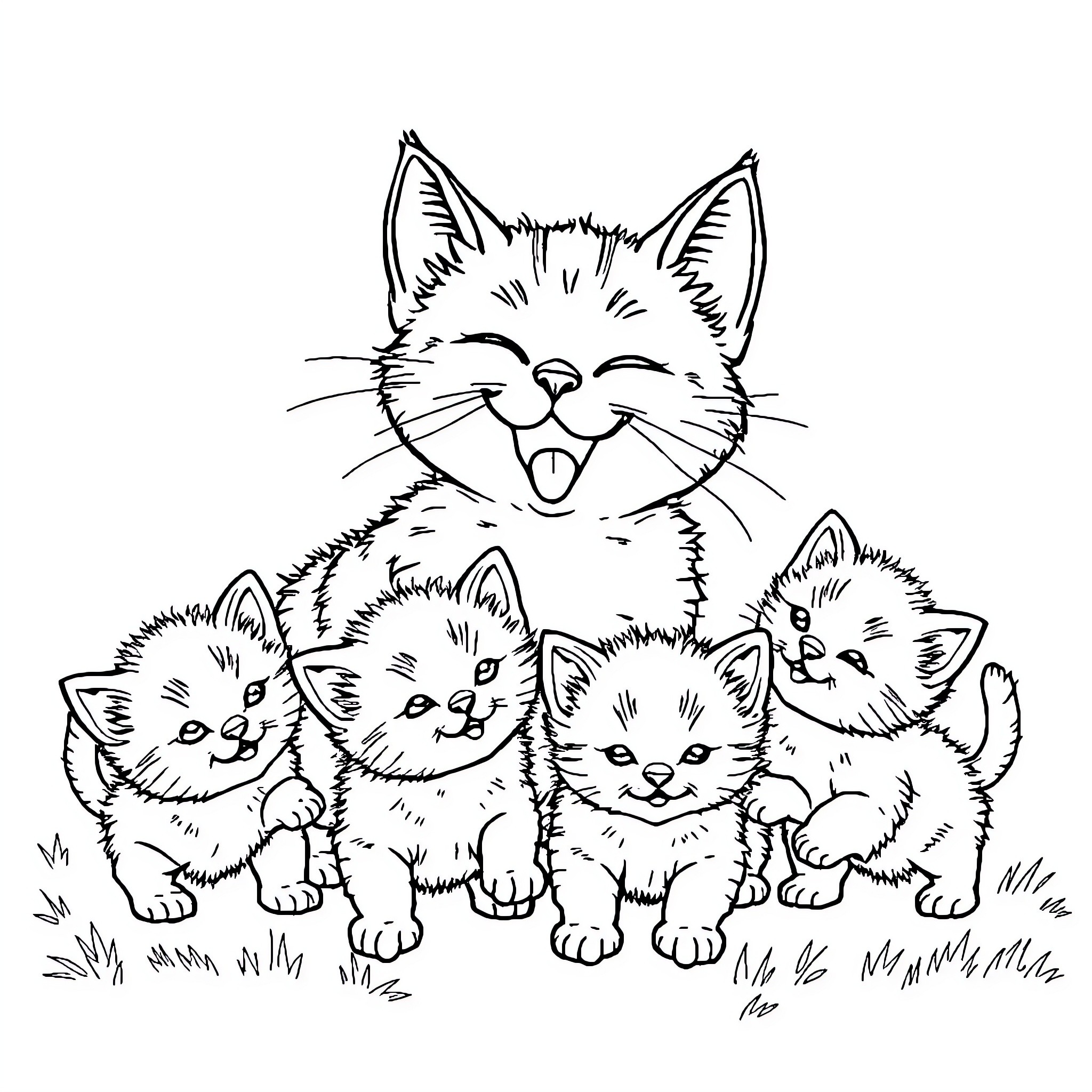 Cat family portrait of kittens with happy expression Coloring Page (free black-and-white line drawing printable PDF for all, from beginners to advanced learners, including children, teens, adults, and seniors)