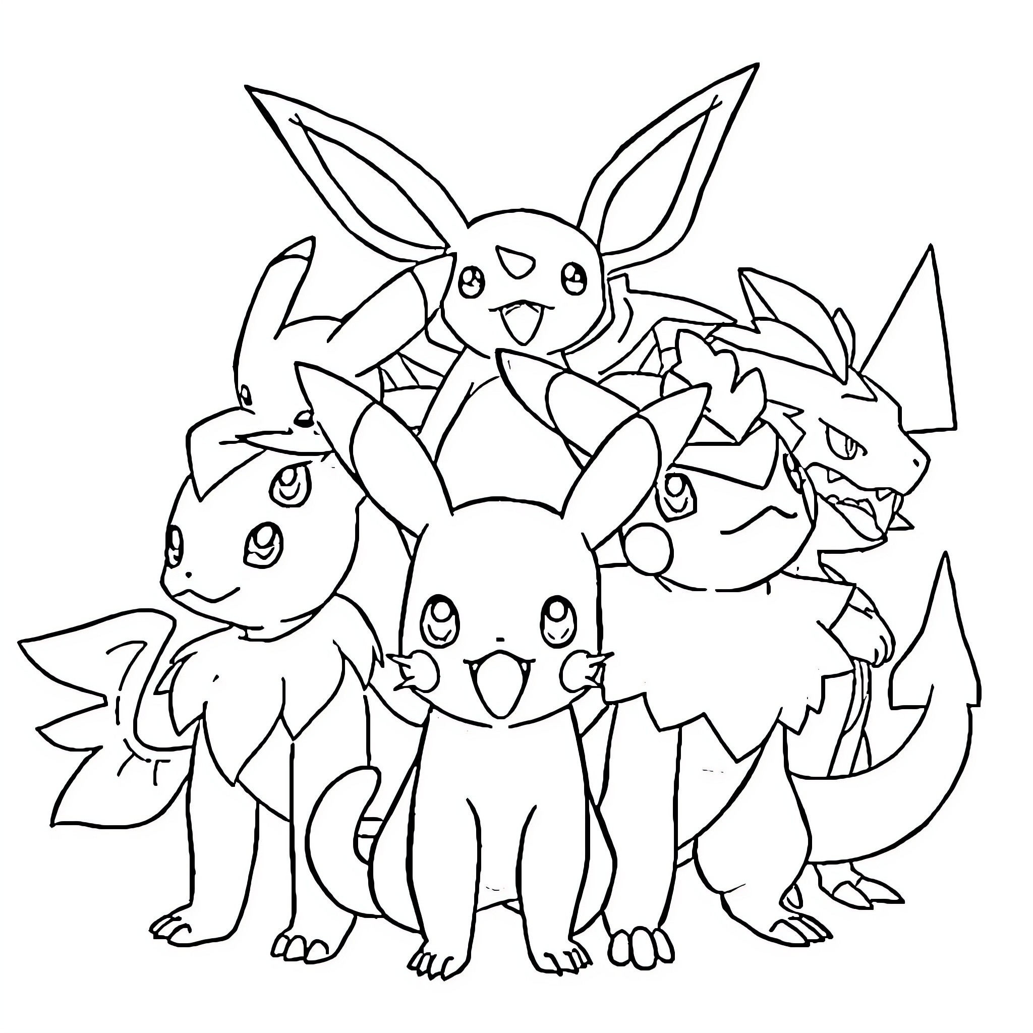 Pokémon characters gathered together Coloring Page (free black-and-white line drawing printable PDF for all, from beginners to advanced learners, including children, teens, adults, and seniors)