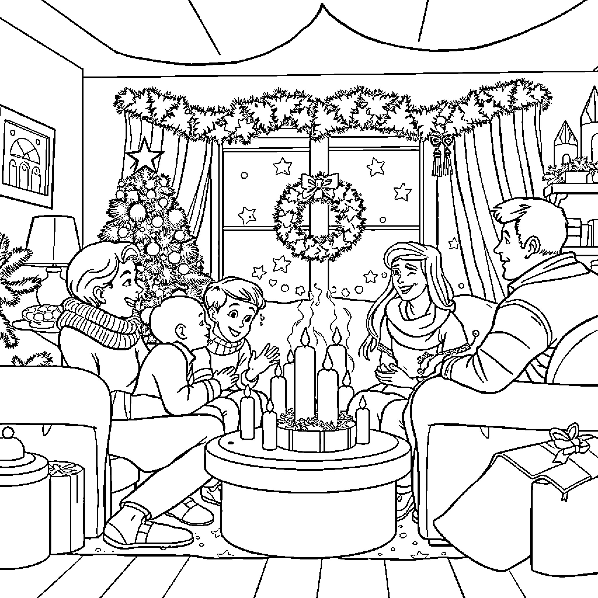 Family celebrating Christmas together in cozy home Coloring Page (free black-and-white line drawing printable PDF for all, from beginners to advanced learners, including children, teens, adults, and seniors)