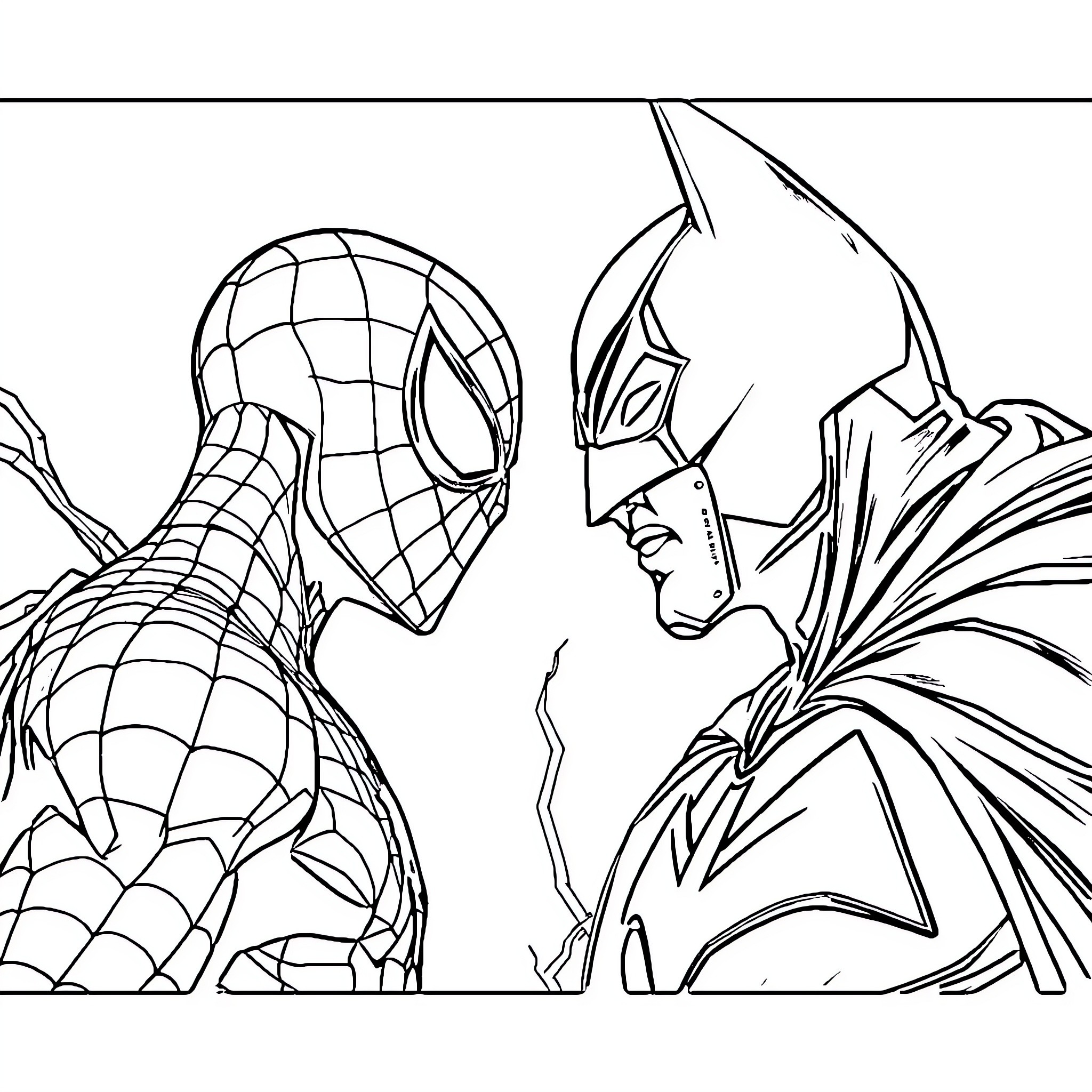 Spiderman and Superhero Confrontation Coloring Page (free black-and-white line drawing printable PDF for all, from beginners to advanced learners, including children, teens, adults, and seniors)